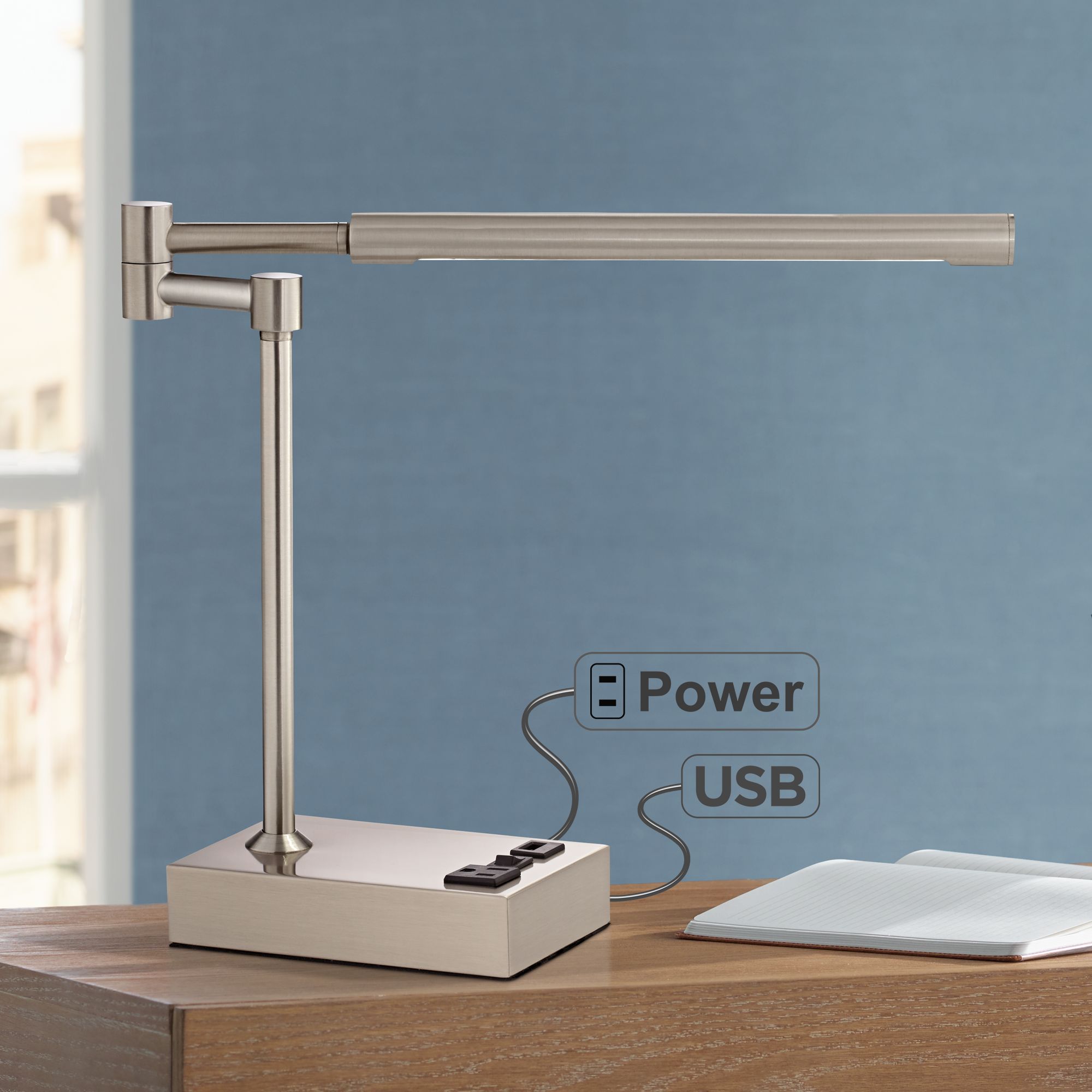 Slimline Swing Arm LED Desk Lamp with Outlet and USB Port 8R829