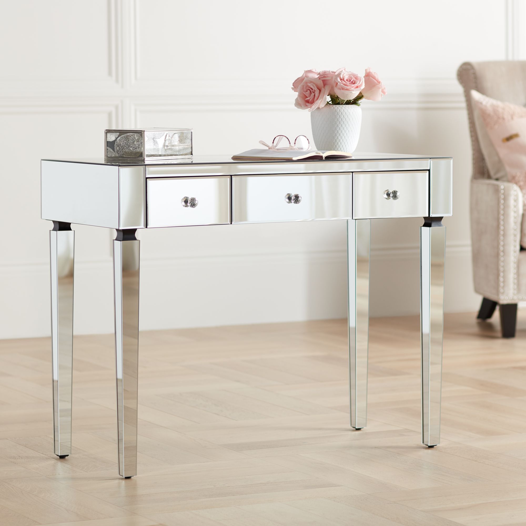 You can place this makeup mirror on your desk or hang on the wall to fit with your various decoration. thea 39 1 2 wide 3 drawer mirrored small desk