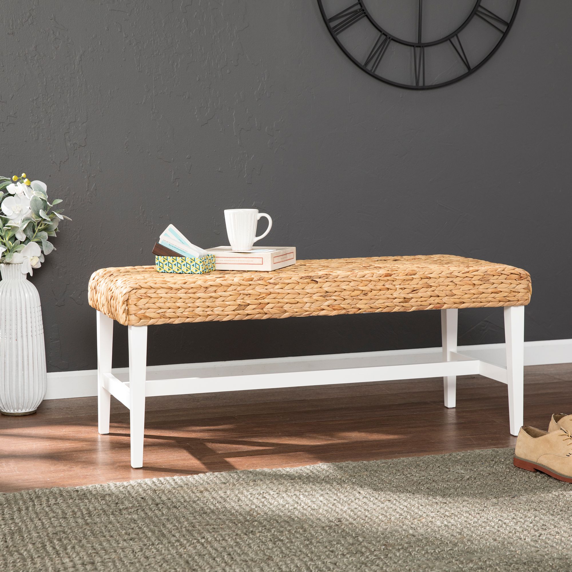 Water Hyacinth Woven Natural and White Coffee Table Bench 90X11