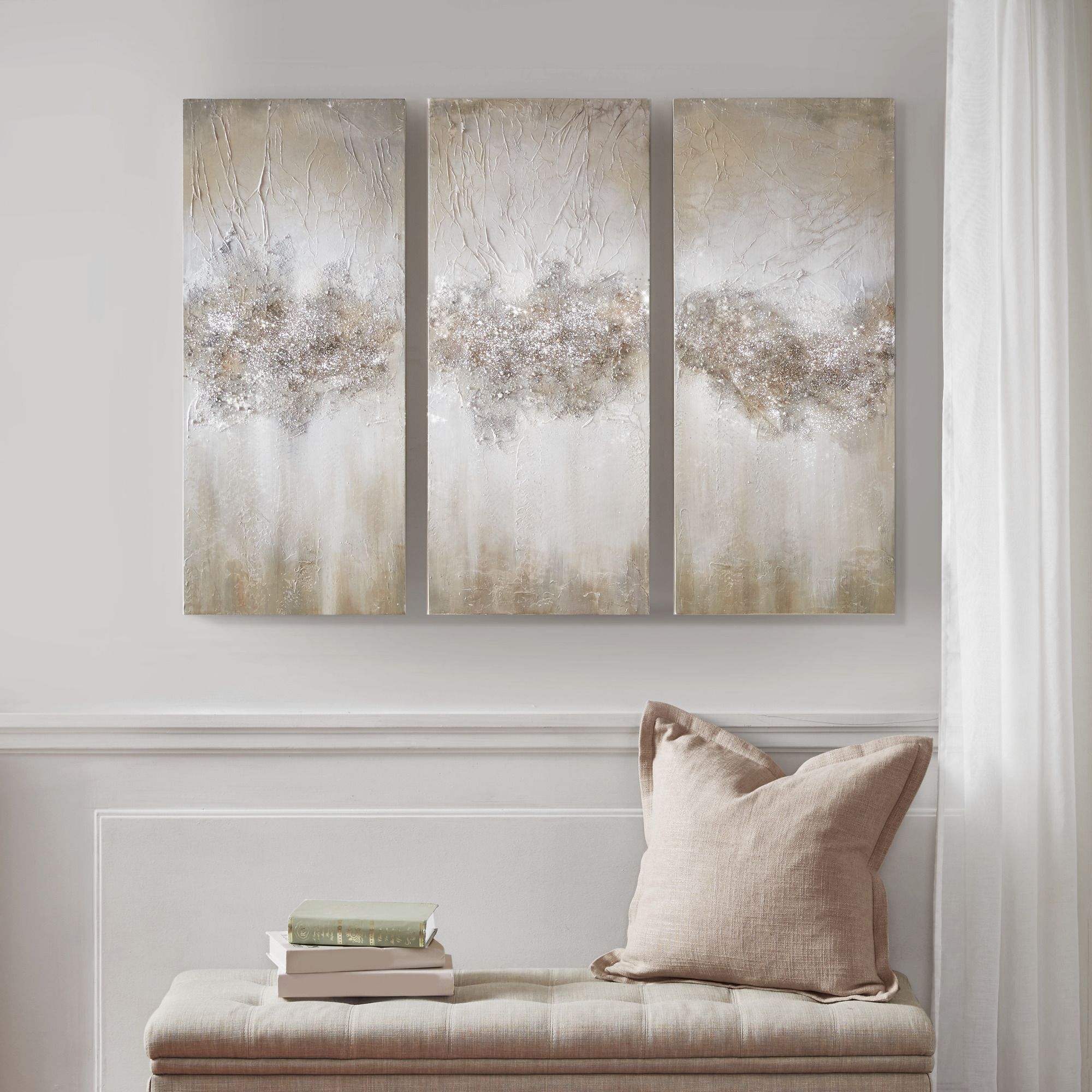 Luminous 35" High Taupe HandBrushed 3Piece Canvas Wall Art Set