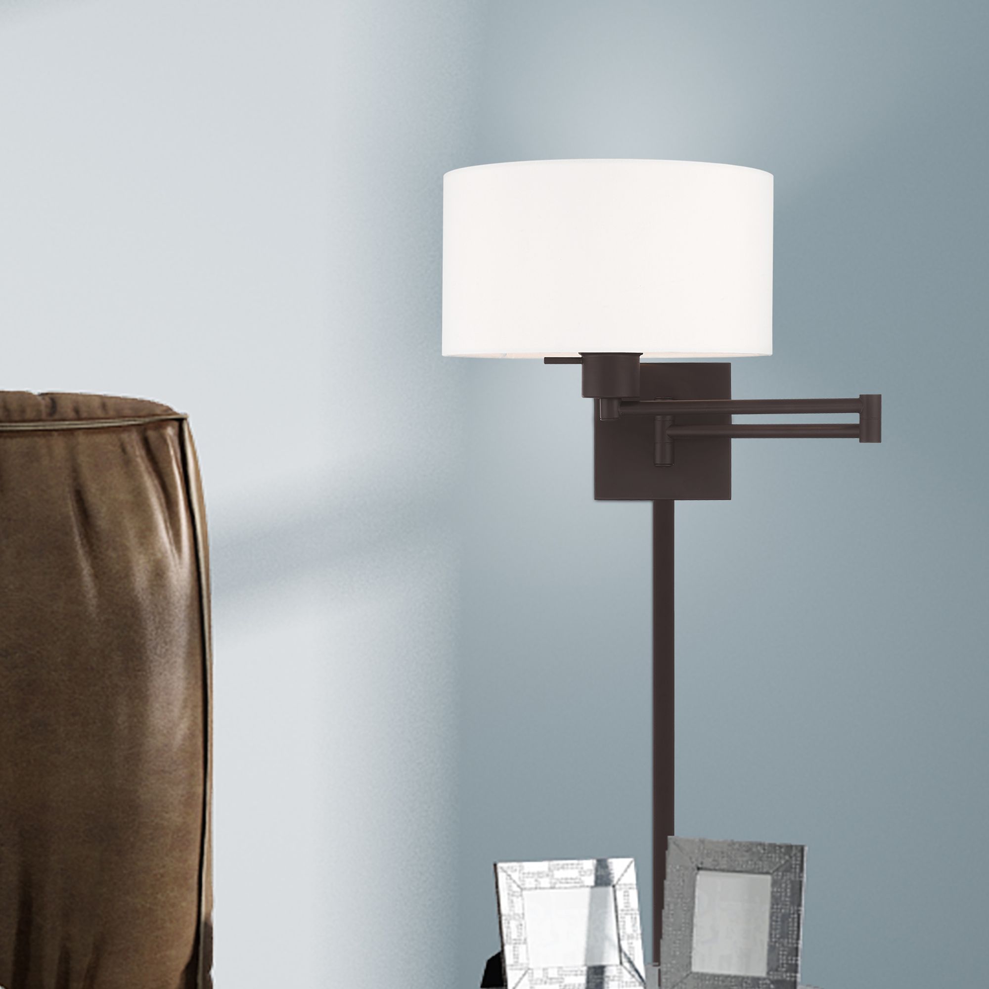 Bronze Swing Arm Wall Lamp with OffWhite Fabric Drum