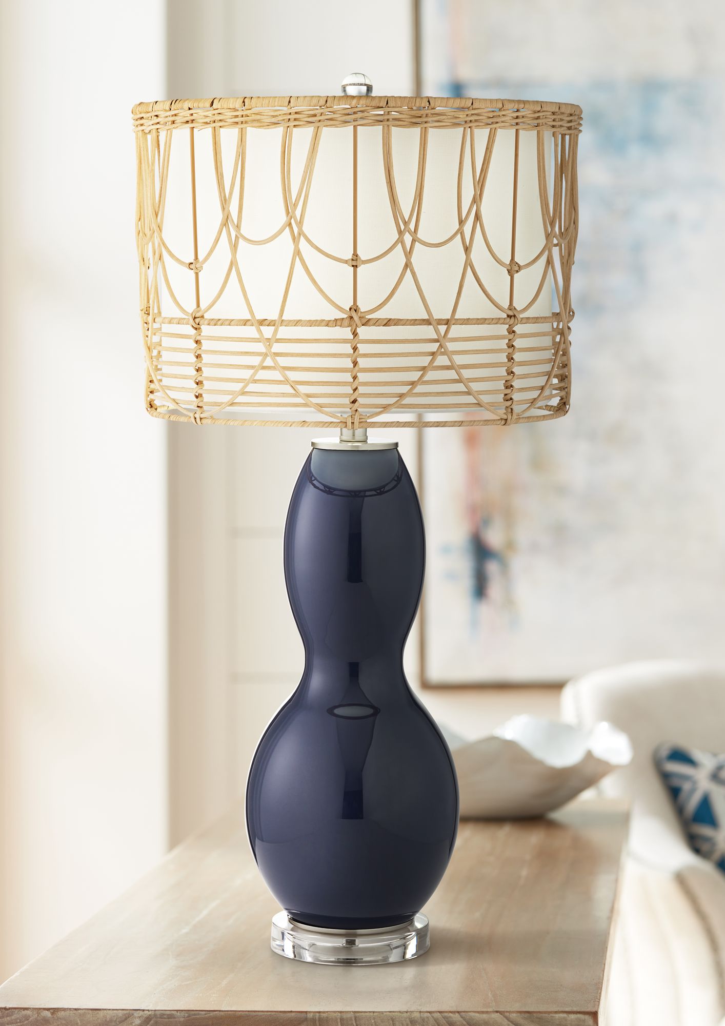 Mila Dark Blue Glass Table Lamp with Rattan Shade 94R70 Lamps Plus