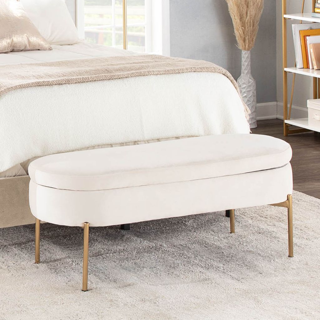 Chloe Cream Velvet and Gold Metal Storage Bench 94V85 Lamps Plus