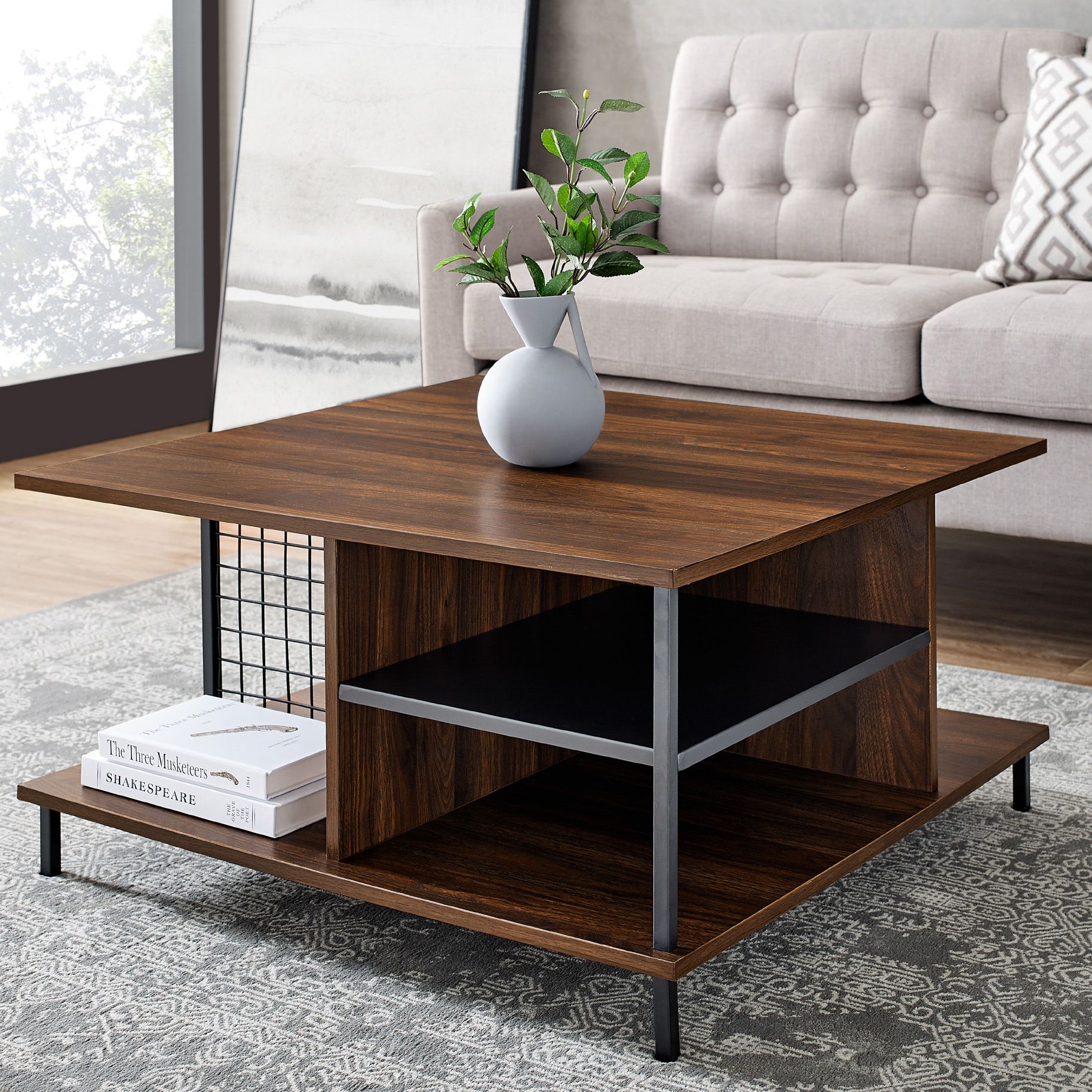 Dark Walnut 30" Wide Wood Open Storage Square Coffee Table