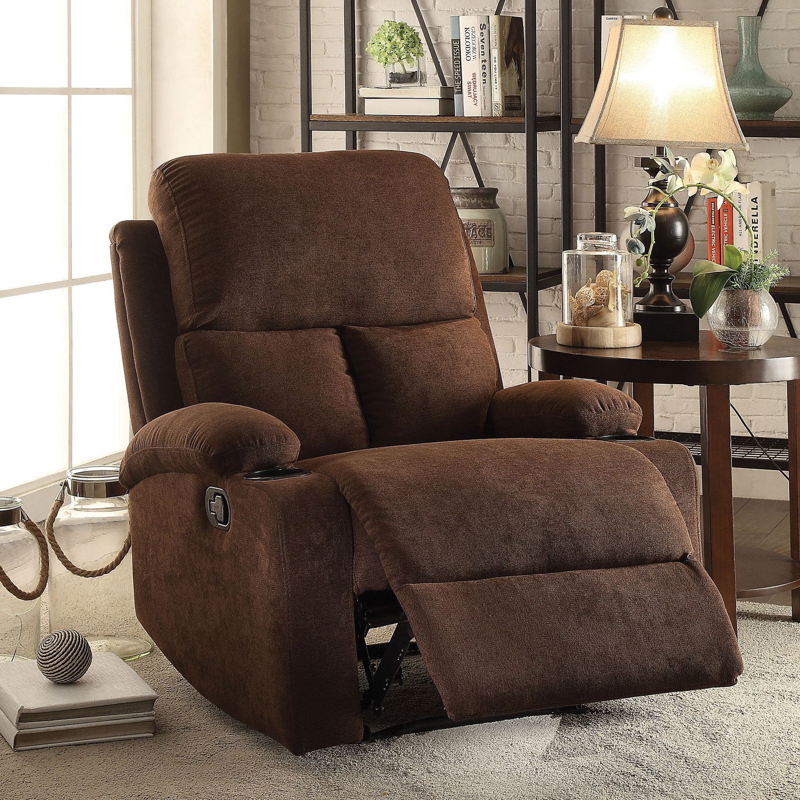Rosia Chocolate Brown Velvet Adjustable Recliner with Cup Holders