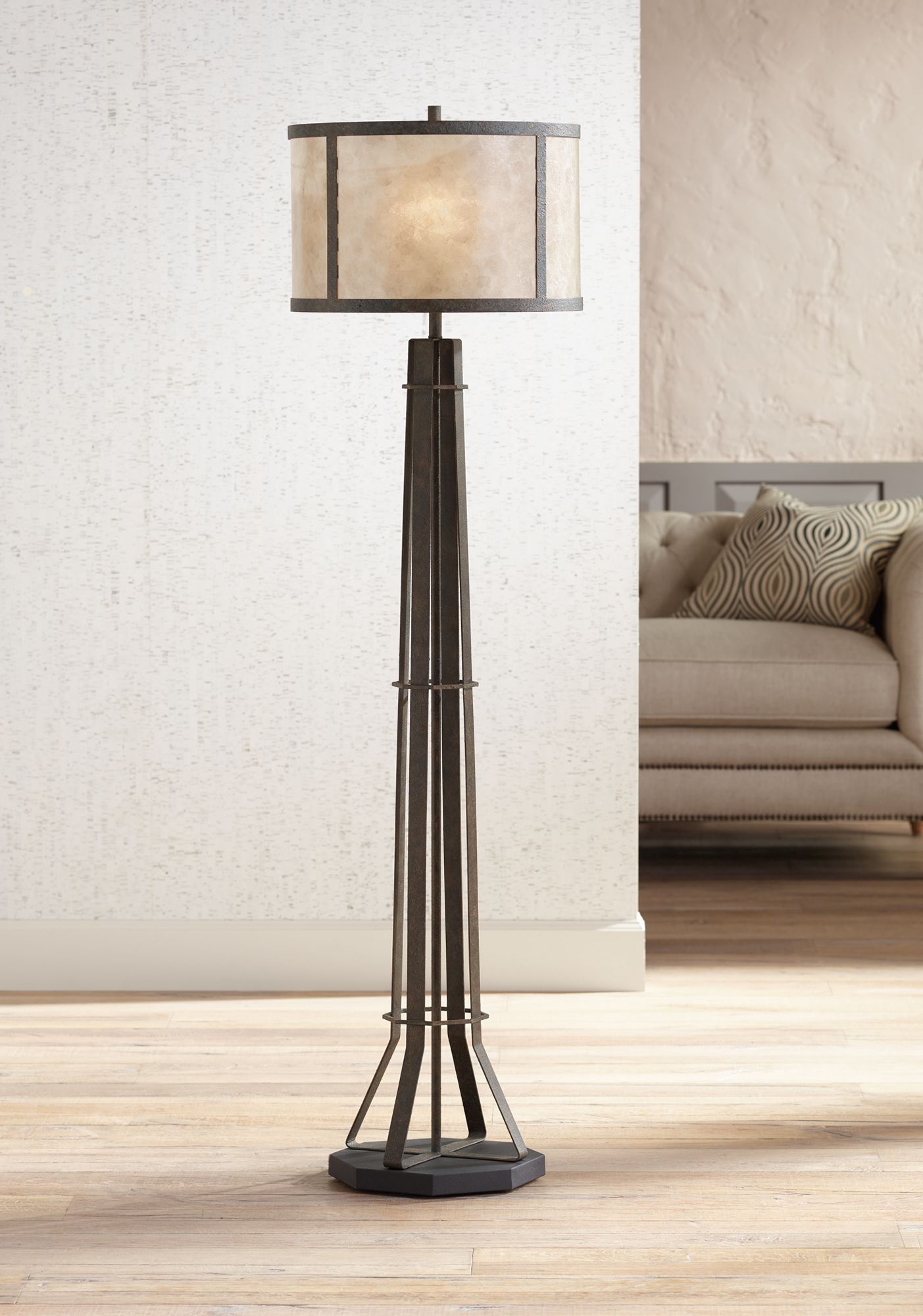 Winston Textured Bronze Industrial Floor Lamp Mica Shade 9M654