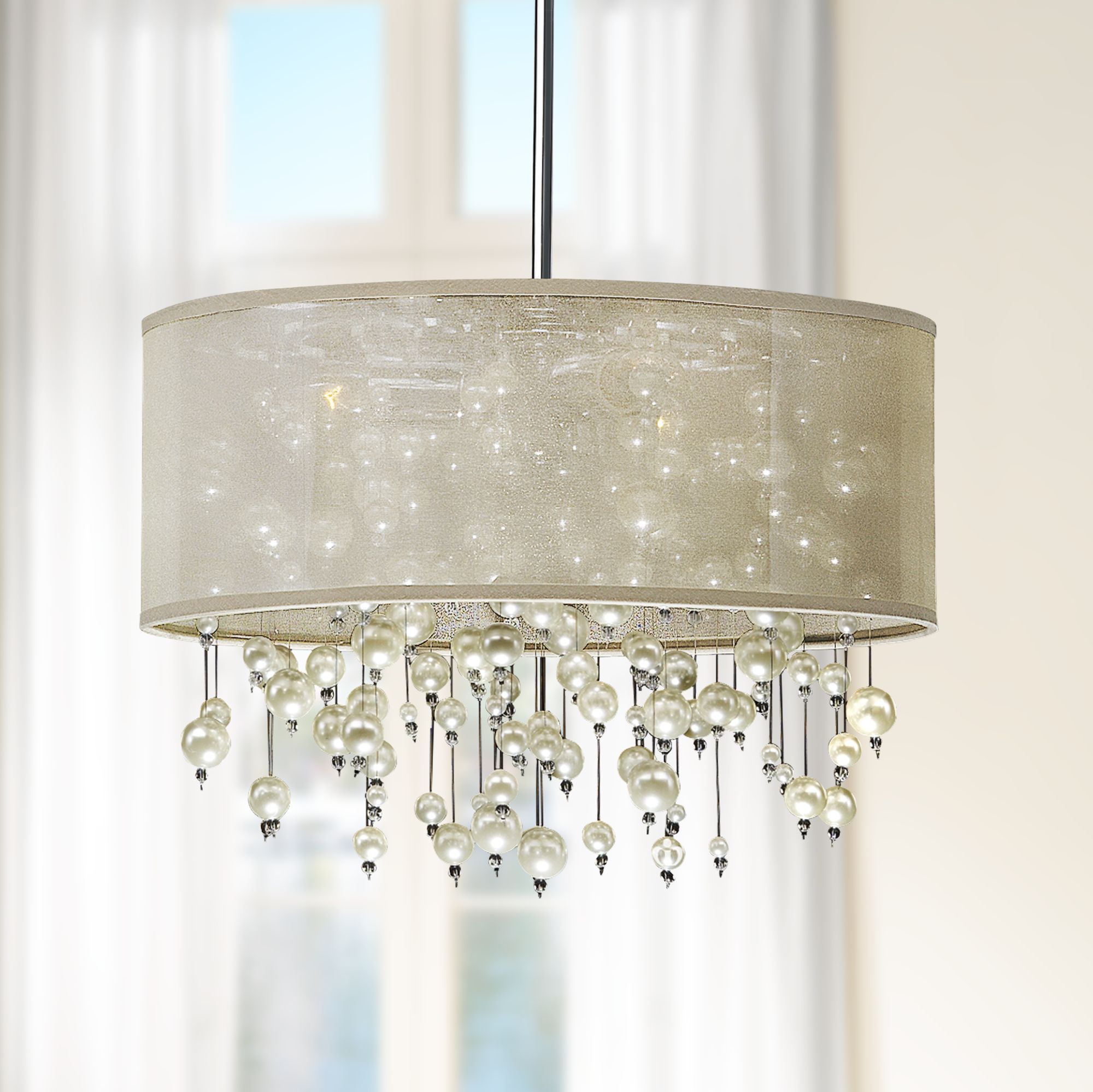 Champagne 18" Wide Beaded Polished Chrome Pendant Light 9V718