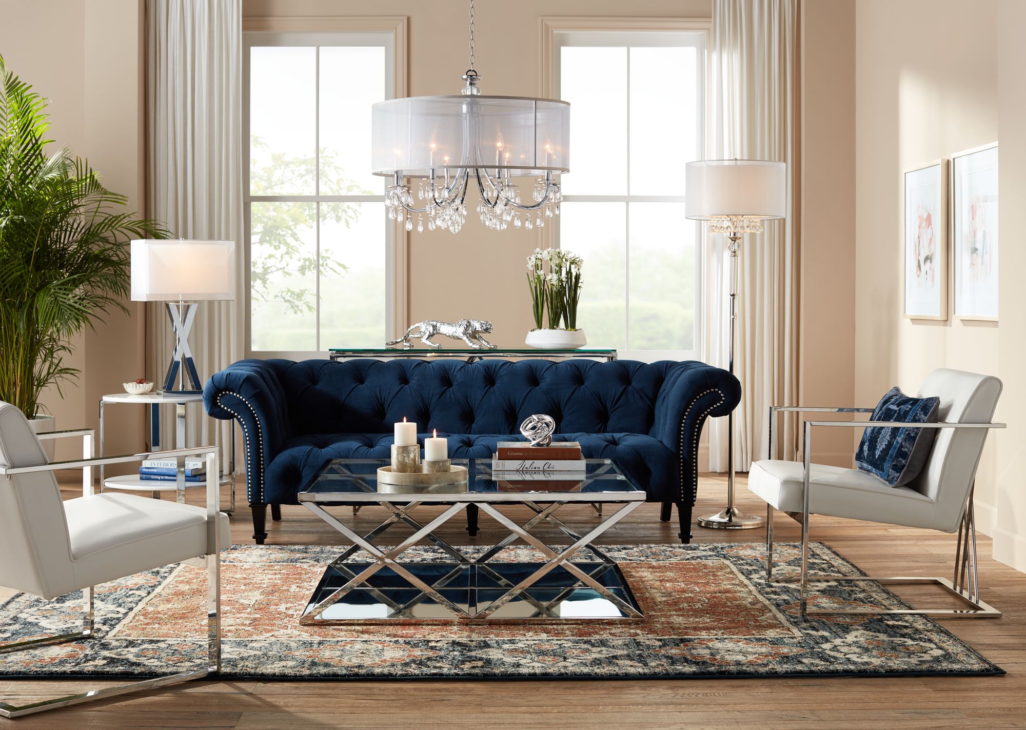 Tessa Sapphire Blue 90 3/4" Wide Tufted French Sofa 6Y001 Lamps Plus