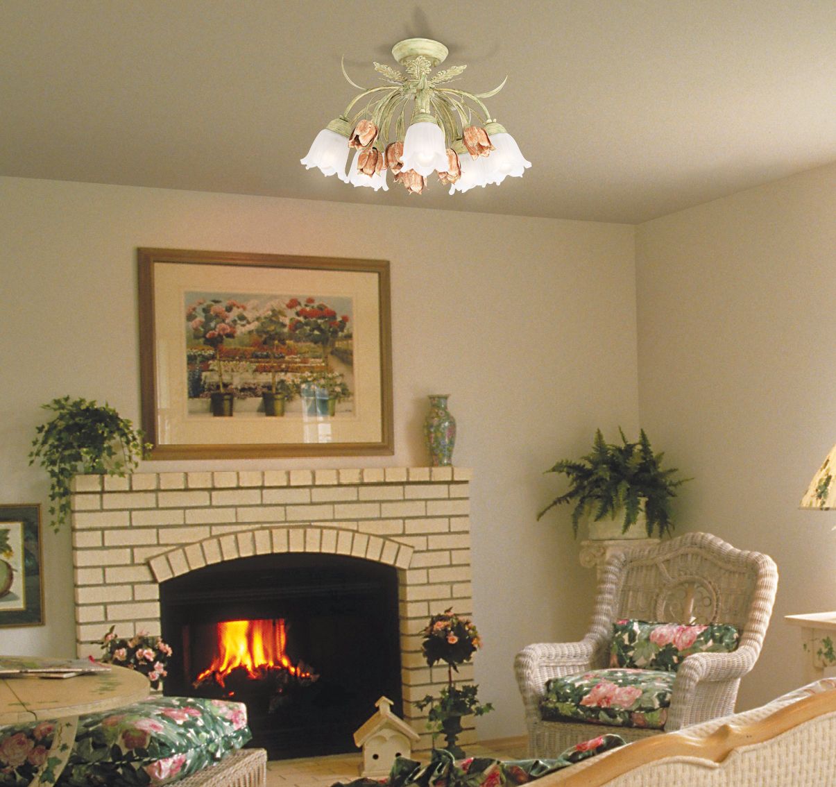 A decorative ceiling light in a country cottage living room. Lamps Plus