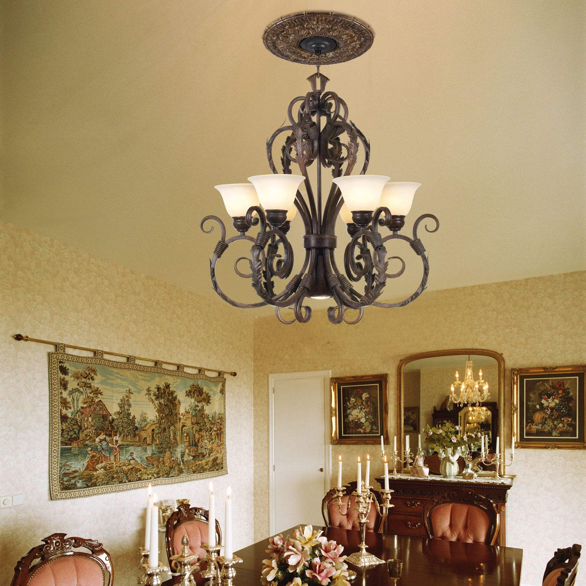 This ceiling medallion adds style and a focal point to a formal dining room. Lamps Plus