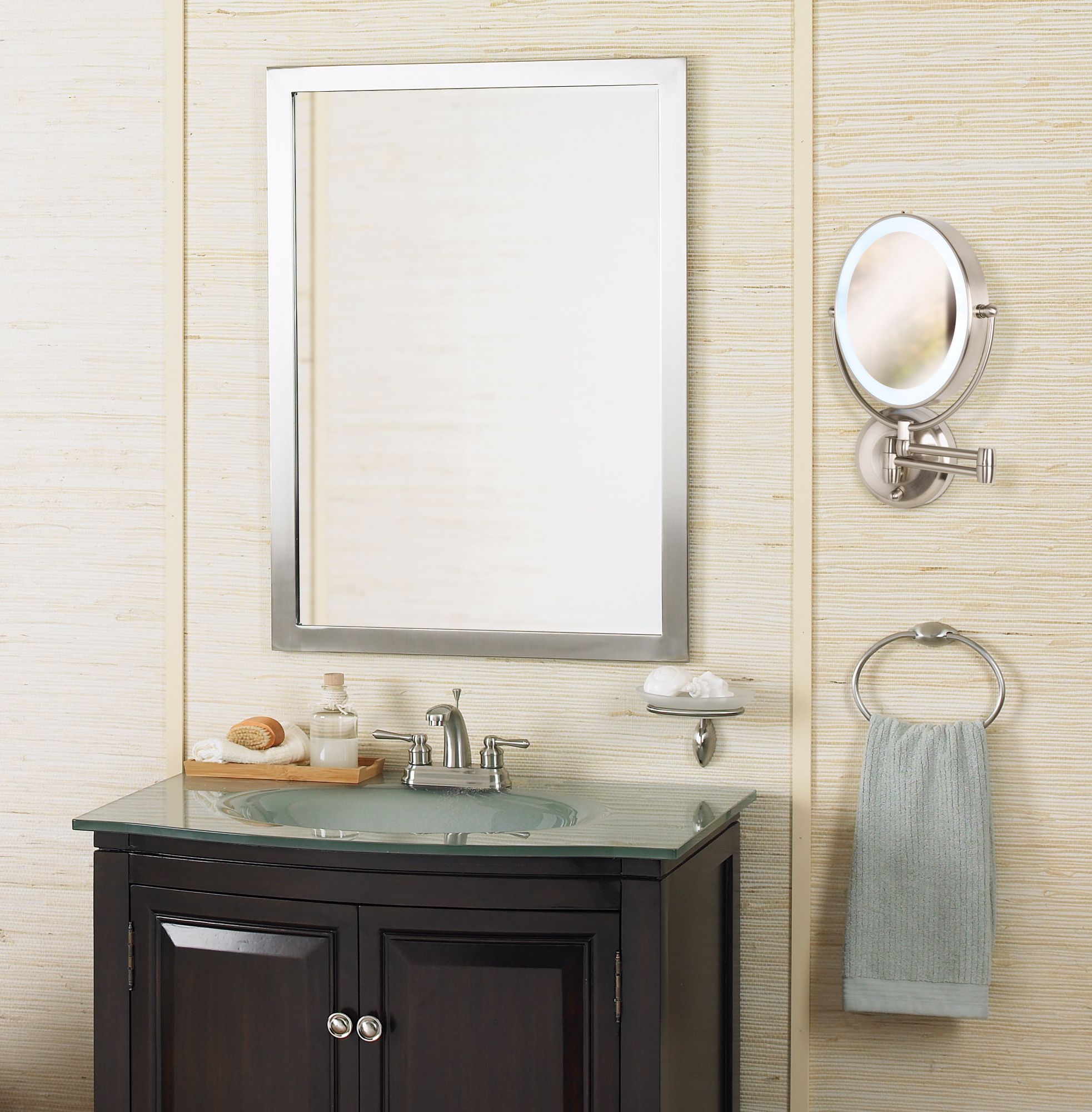 Cordless LED Pivoting 9" Wide Satin Nickel Wall Mount Mirror P4739