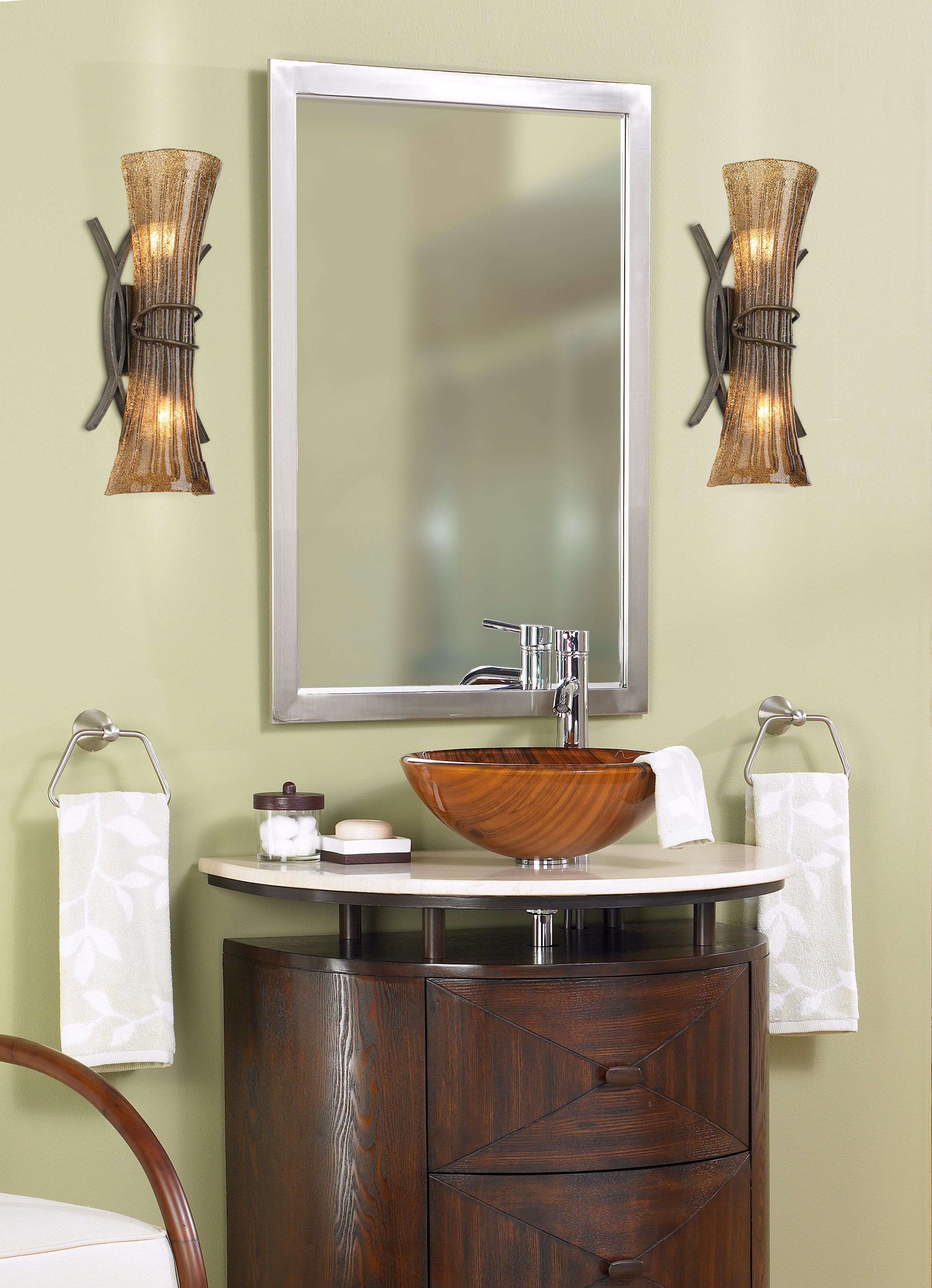 An Asianinspired bathroom with curved lines and exotic woods. Lamps Plus