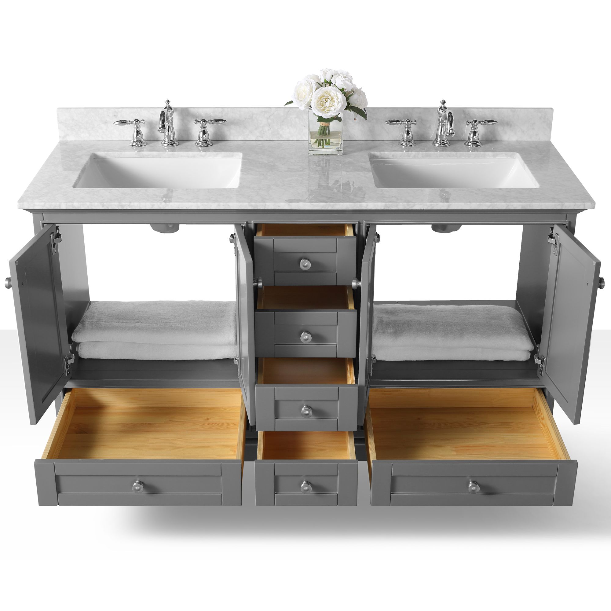 Audrey Sapphire Gray 60" White Marble Double Sink Vanity 1M892