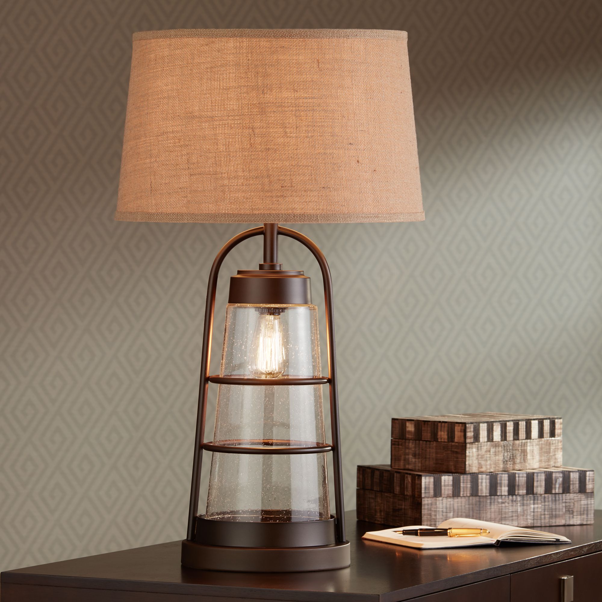 Industrial Lantern Table Lamp with Night Light 2V218 Lamps Plus