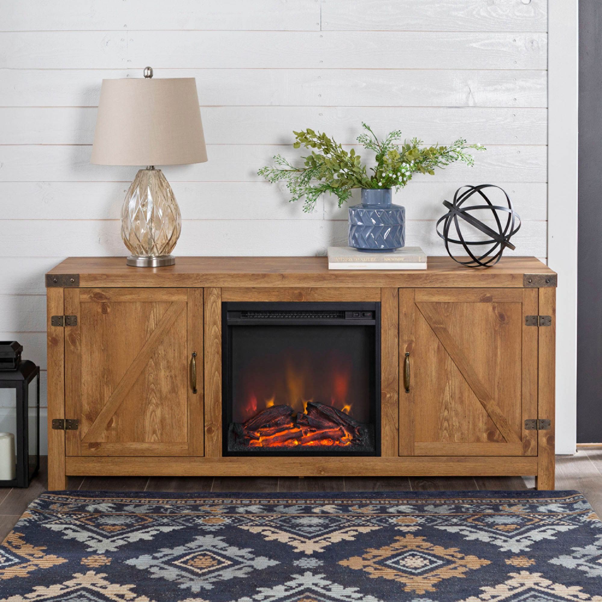 Barn Door 58" Wide Farmhouse Media TV Stand with Fireplace 31C38
