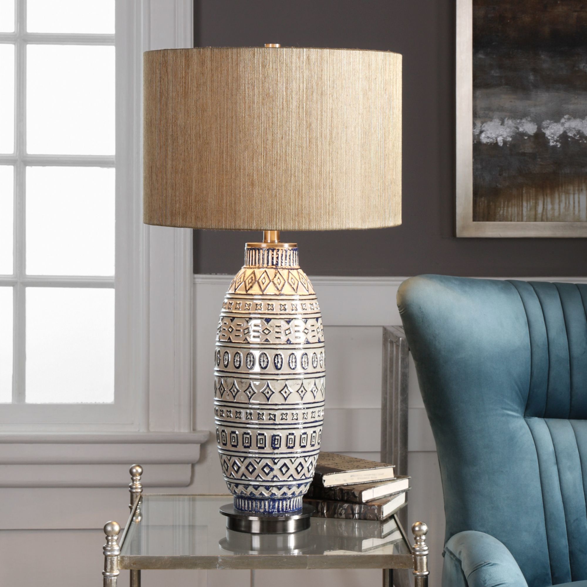 Uttermost Lokni Textured and Aged Ivory Ceramic Table Lamp 32P35
