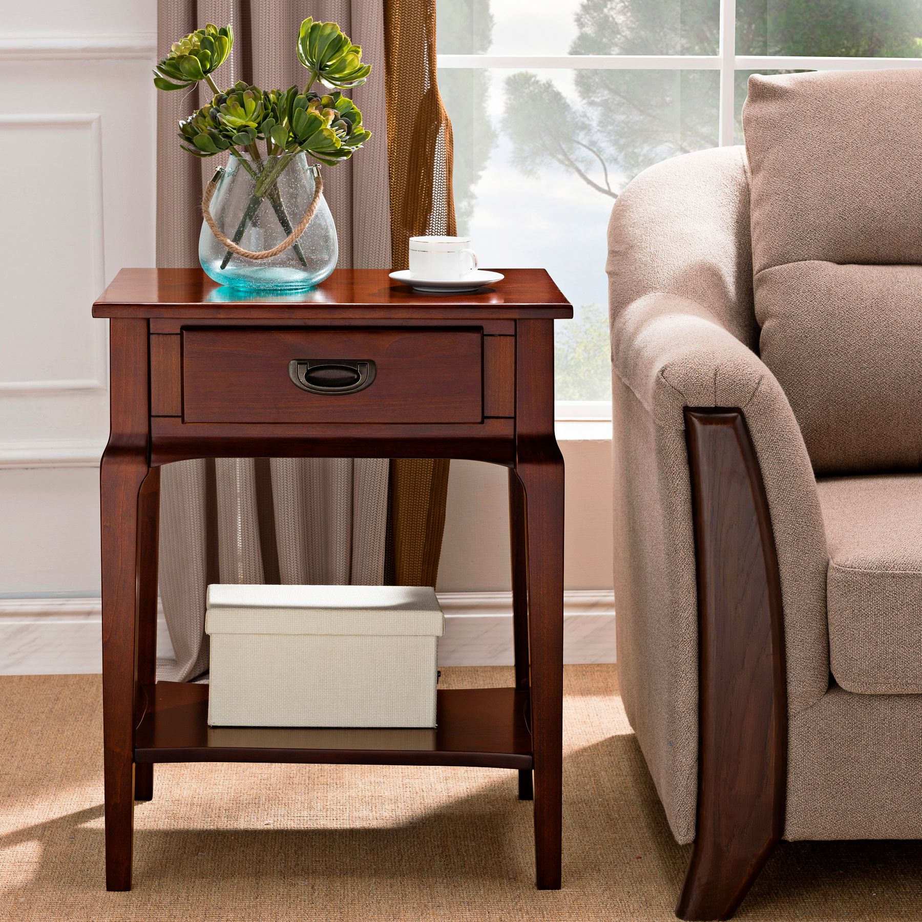 Cherry Wood Nightstand One Drawer Night Stand Cherry Wood Finish