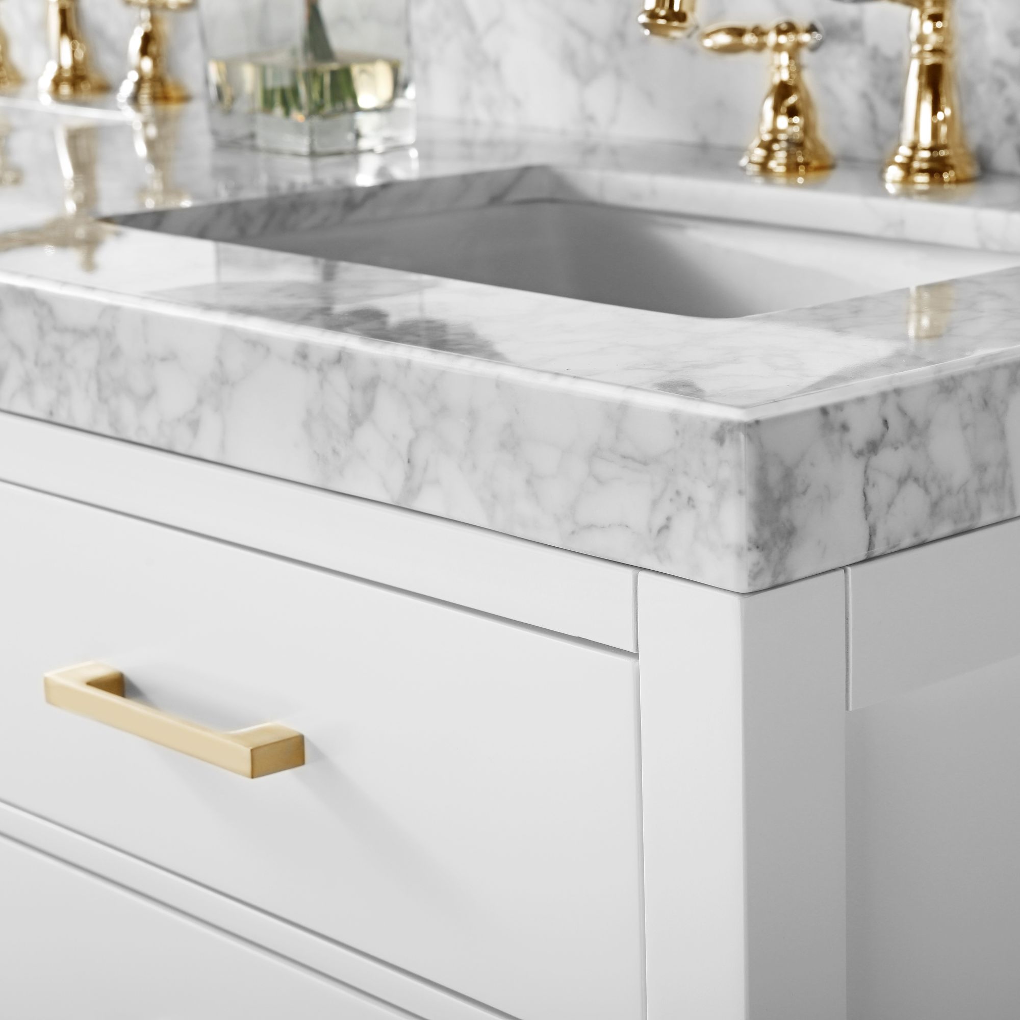 Elizabeth 60"W Gold Hardware White Marble Double Sink Vanity 62X14