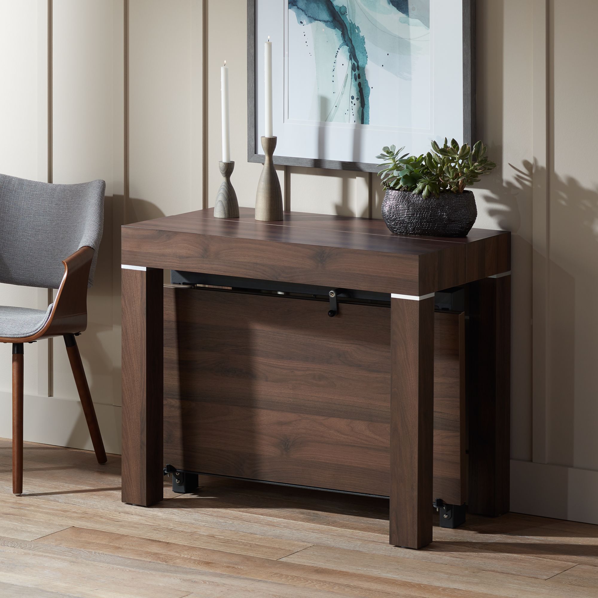 Modern Distressed Walnut 2Leaf Extension Dining Table