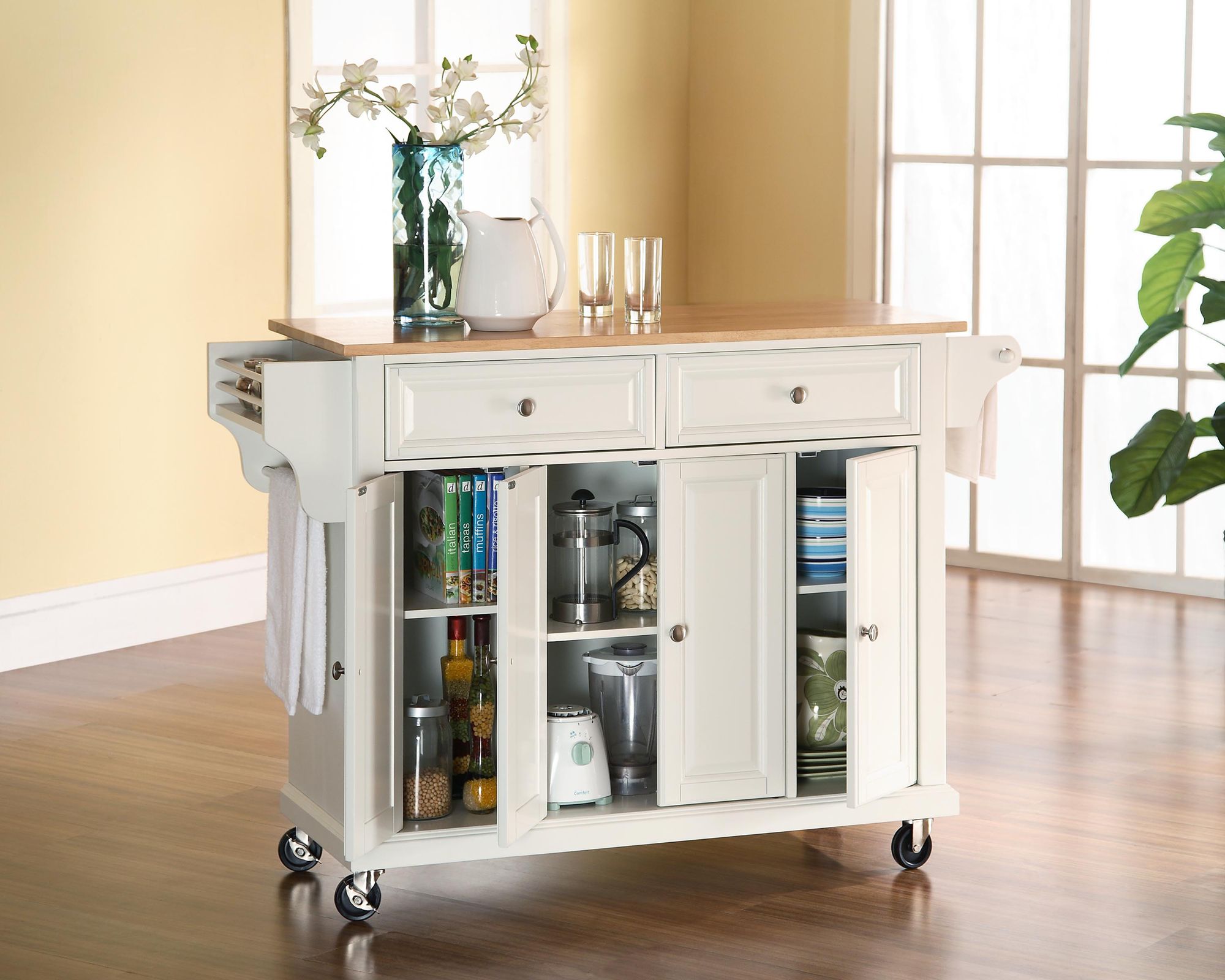 Dover 52" Wide Cutting Board Top White Kitchen Island Cart 7G978