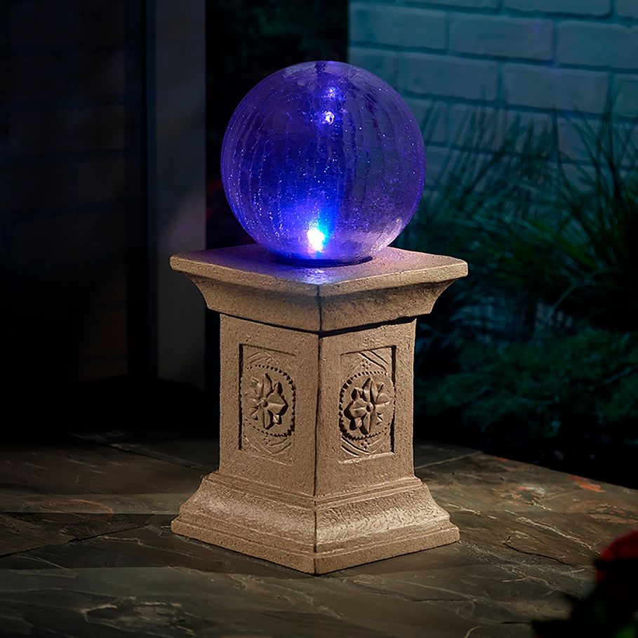Chameleon Solar LED Outdoor Gazing Ball with Tuscan Pedestal 86F84