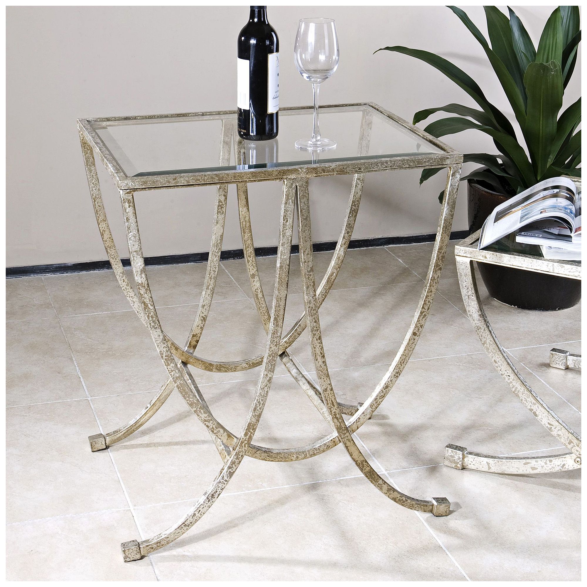 Marta 24" Wide Antiqued Silver Leaf Iron Side Table 9N135 Lamps Plus