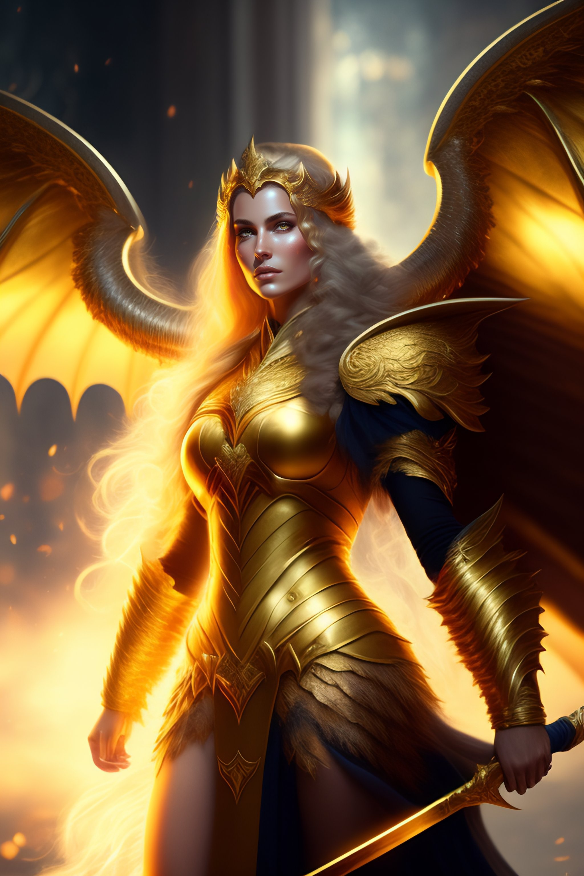 Lexica A fallen angel, female, wielding a spear of pure light, clad in golden armor, Dragon wings