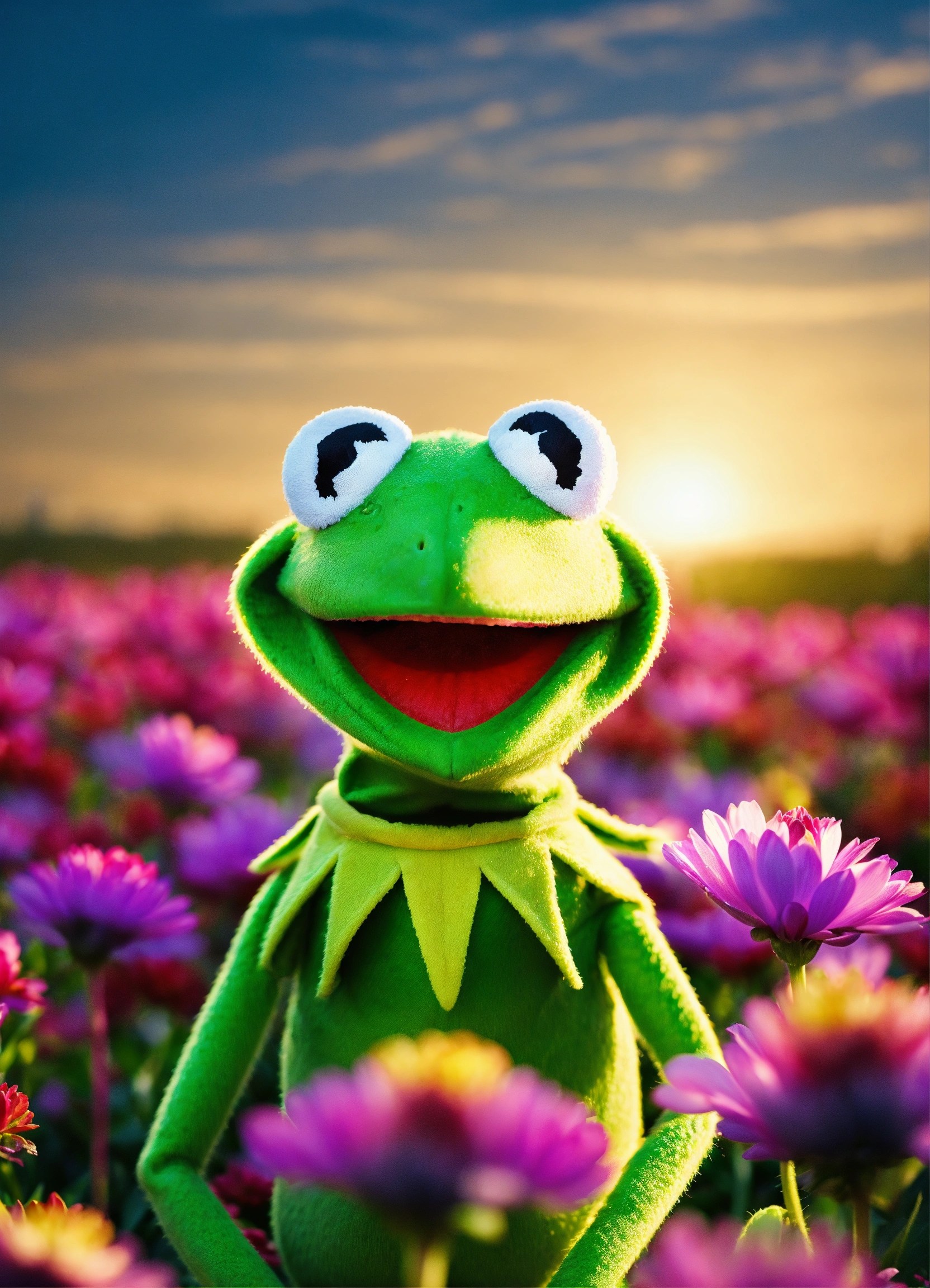 Lexica Kermit the frog, happy, light, surrounded by a blue sky on a