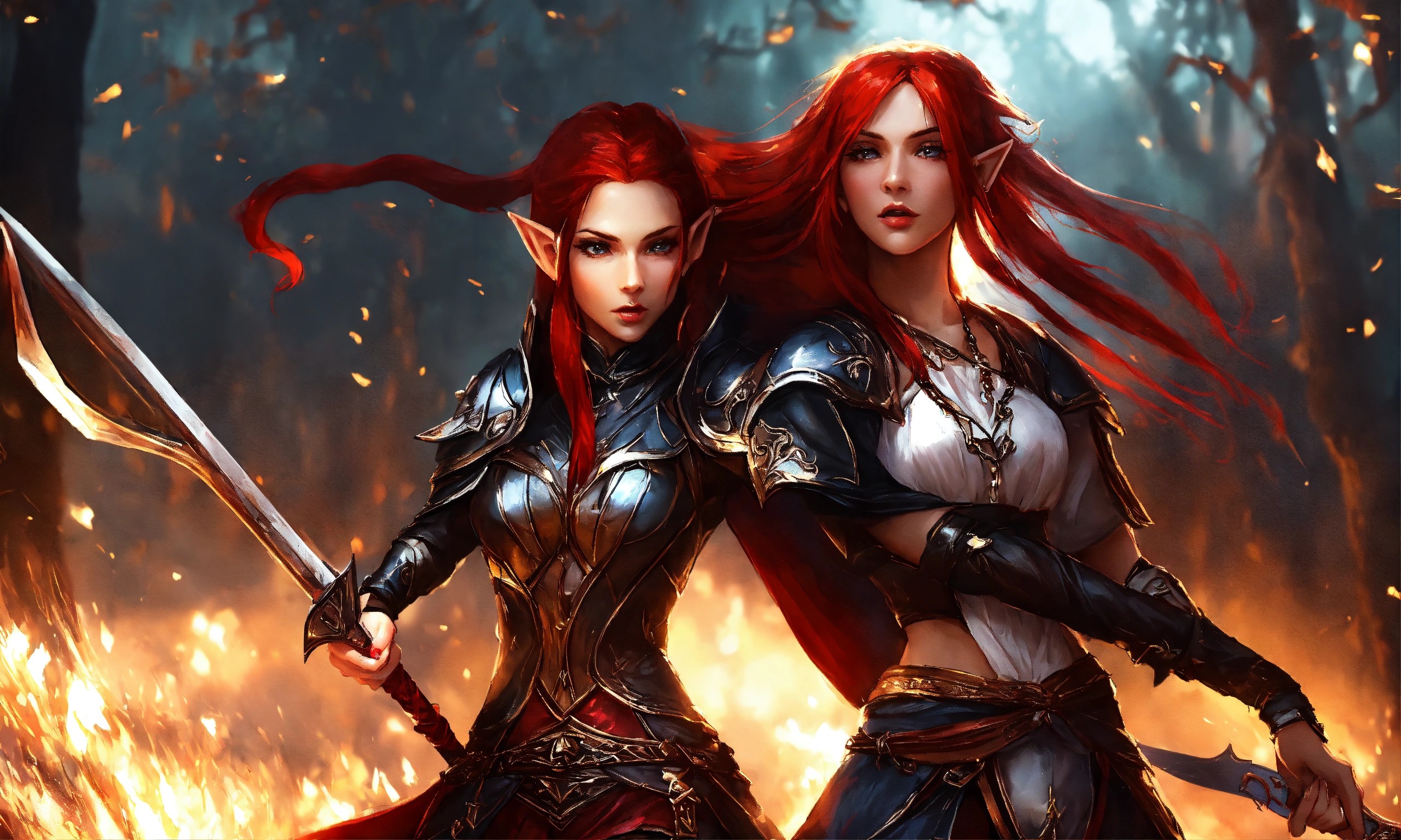 Lexica Bad and good two females elves fighting, dark elf has black