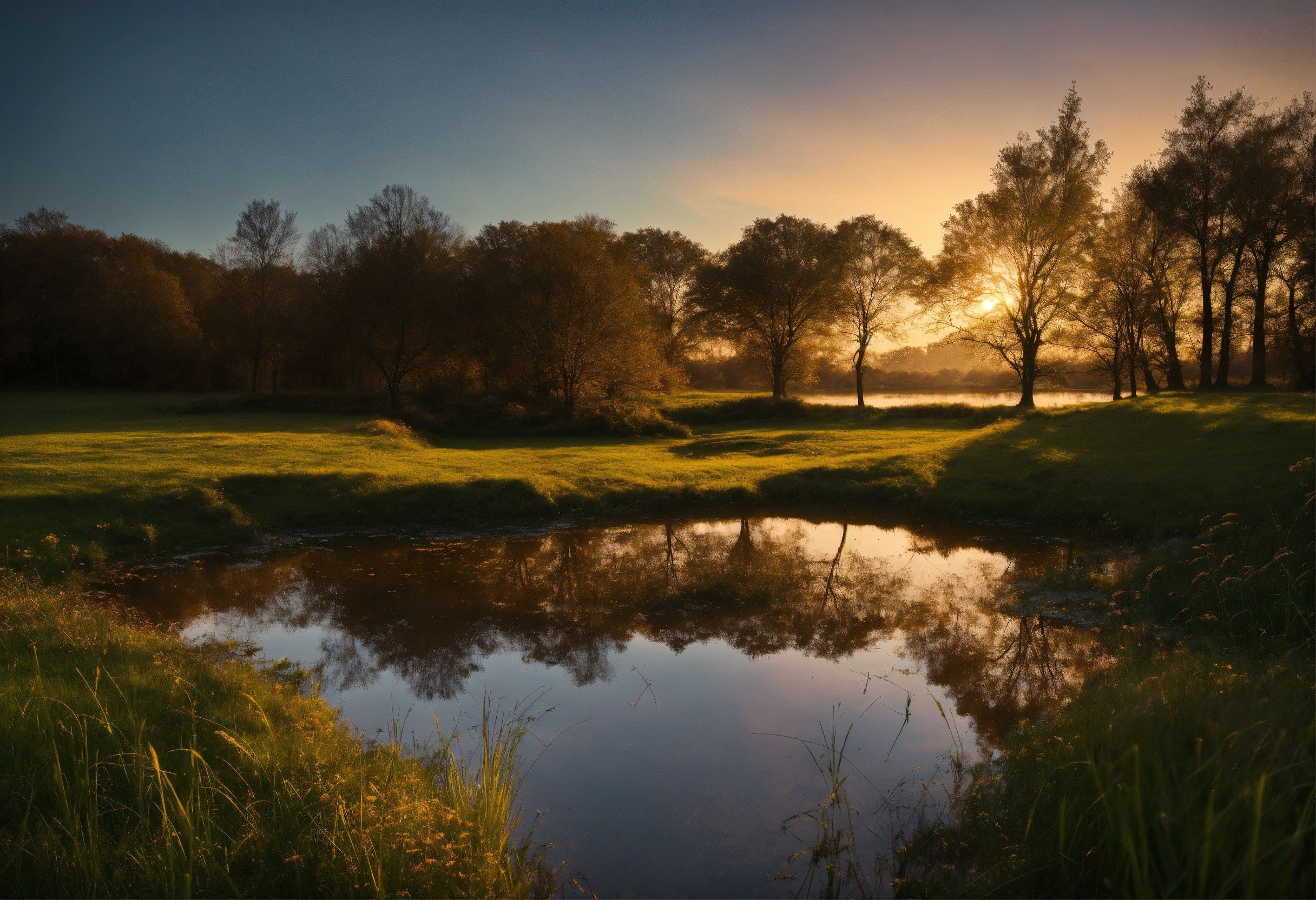 Lexica View from the ground of a grassy landscape at dawn, realistic