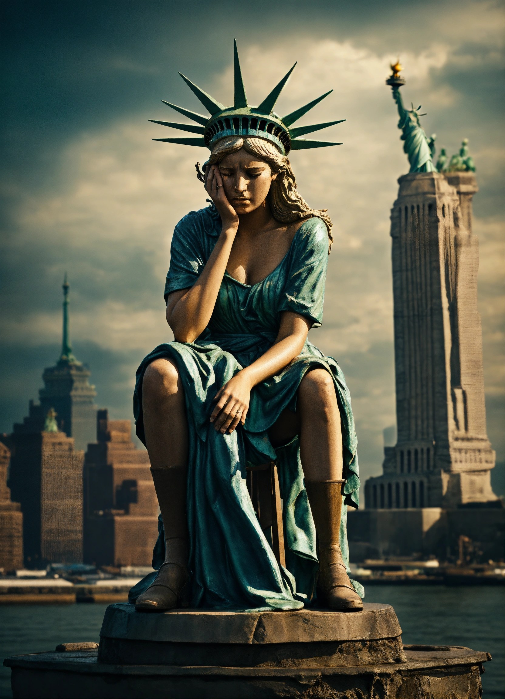 Lexica Image of the Statue of Liberty crying, sitting down on a stool