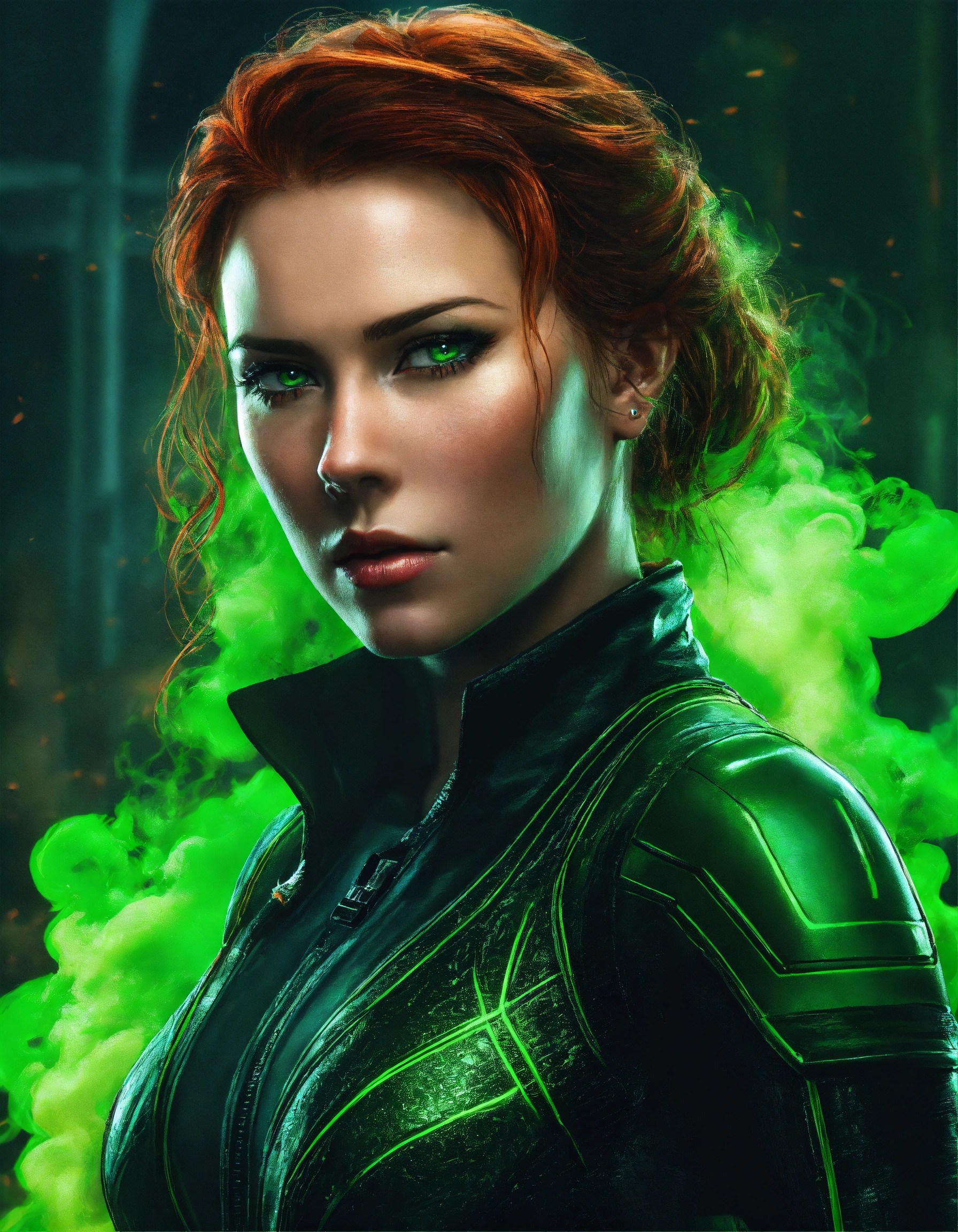 Lexica Black widow with green smoke around her, neon green and