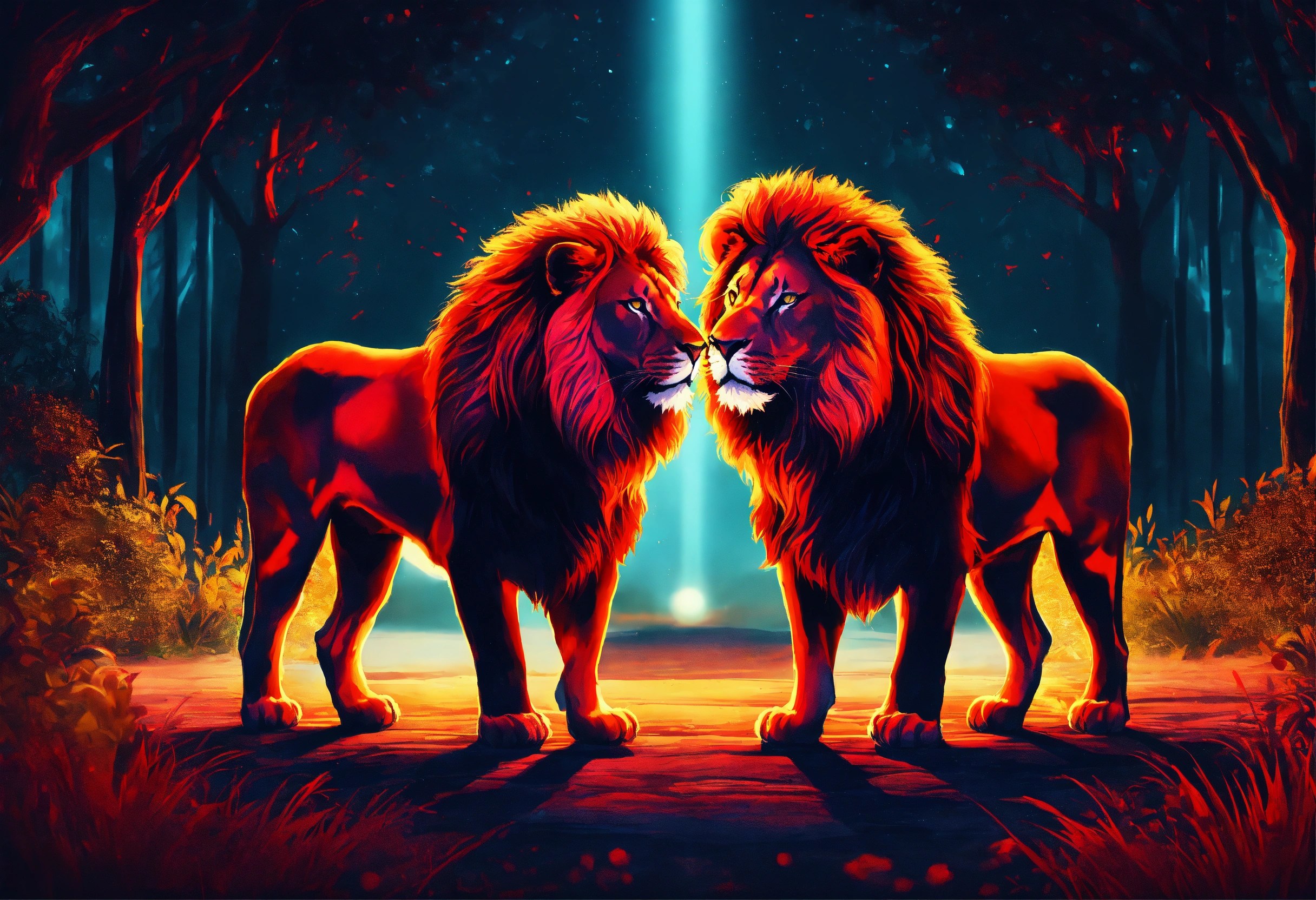 Lexica Two lions facing each other. one lion glowing rubyred at