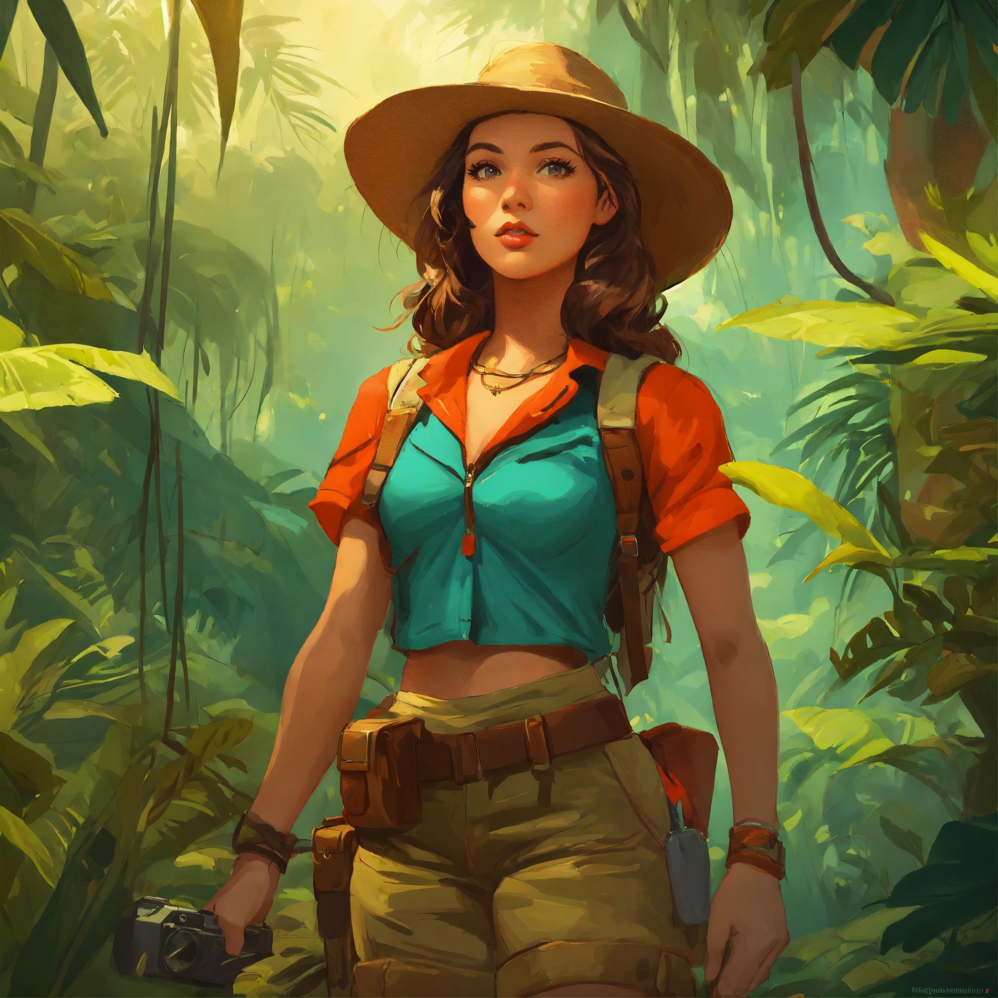 Lexica Vintage adventure woman in jungle, realistic cartoon oil paint