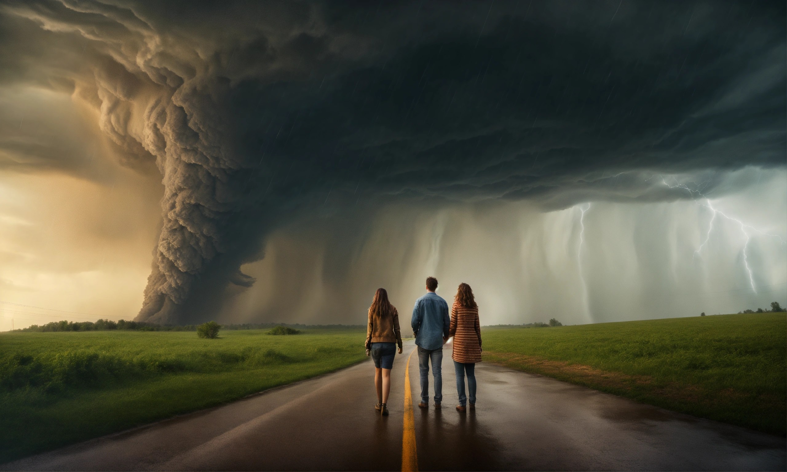 Lexica Image of of two people who are afraid of a raging tornado