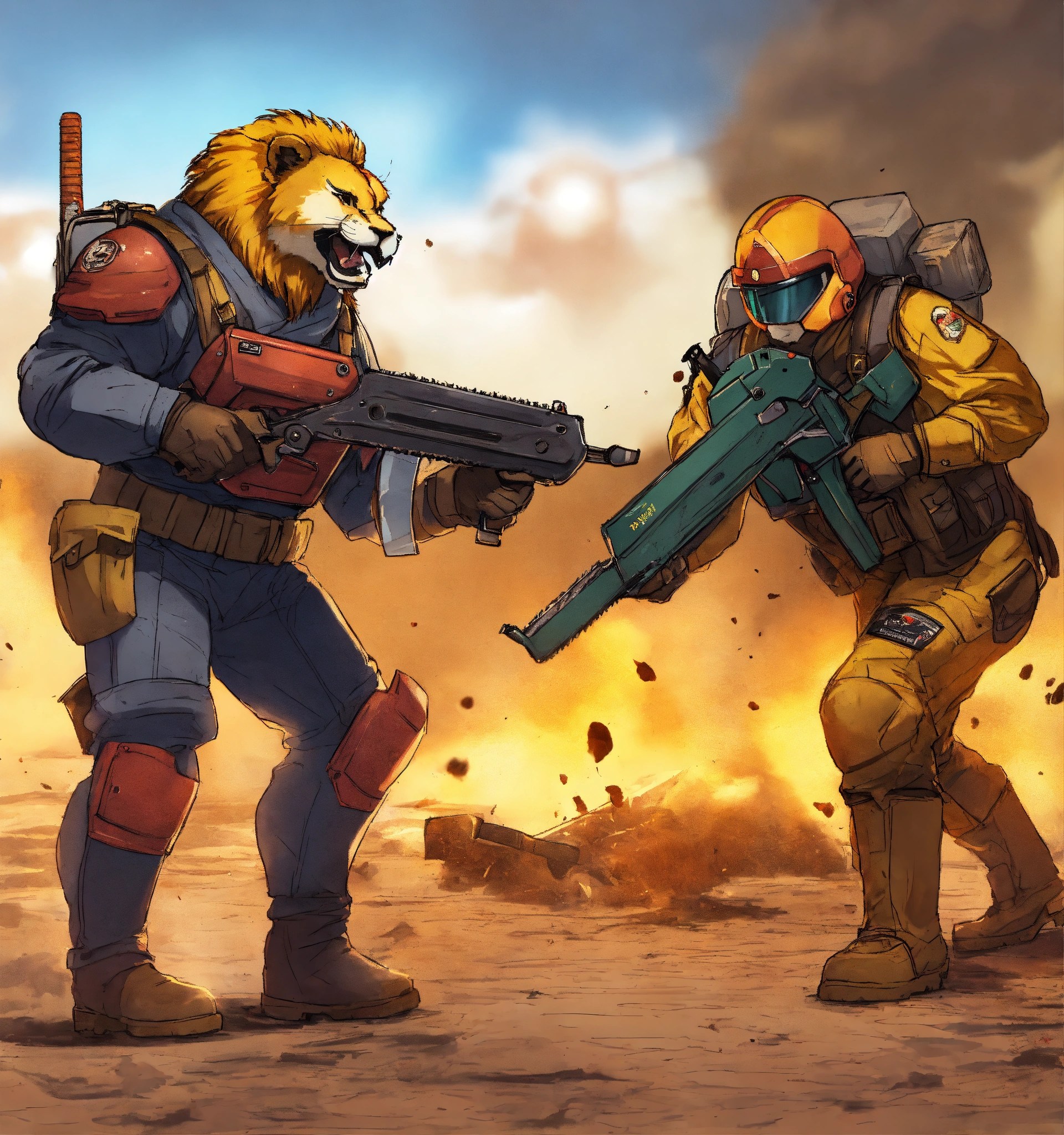 Lexica Anime humanoid lion soilder fighting with a chainsaw in his