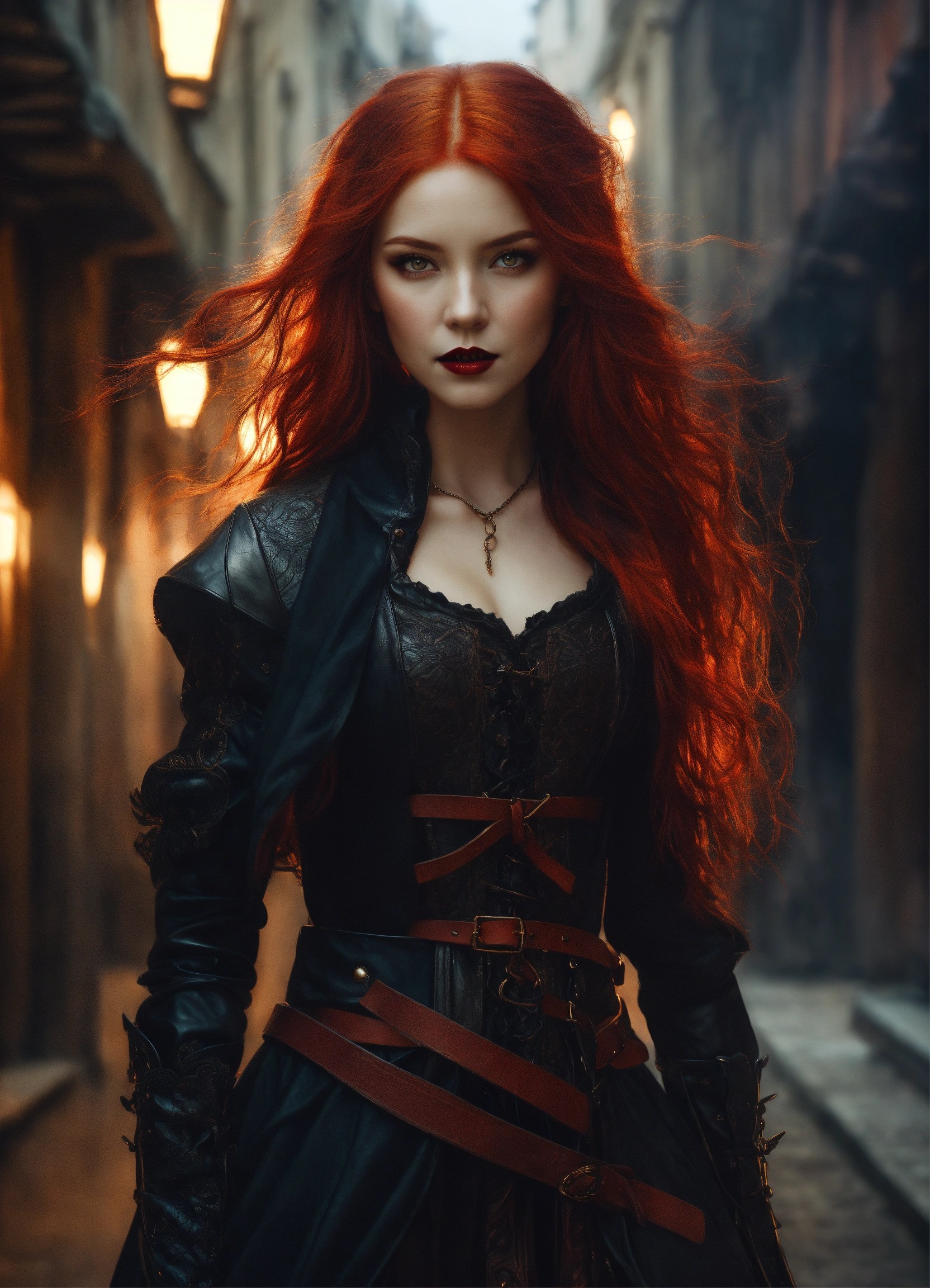 Lexica - A portrait of a beautiful redhead vampire, Symmetrical face, red eyes, long red hair