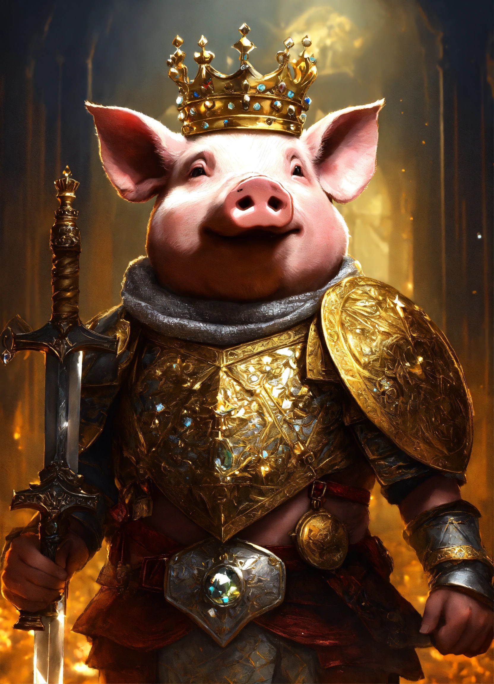Lexica - Pig king with a crown and a sword made of diamonds