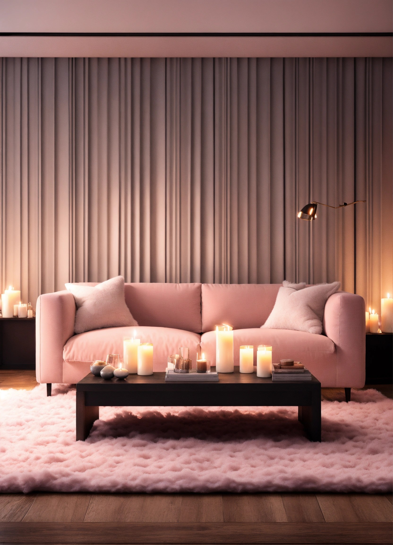 Lexica Comfortable white sofa, light pink cushions, white fluffy