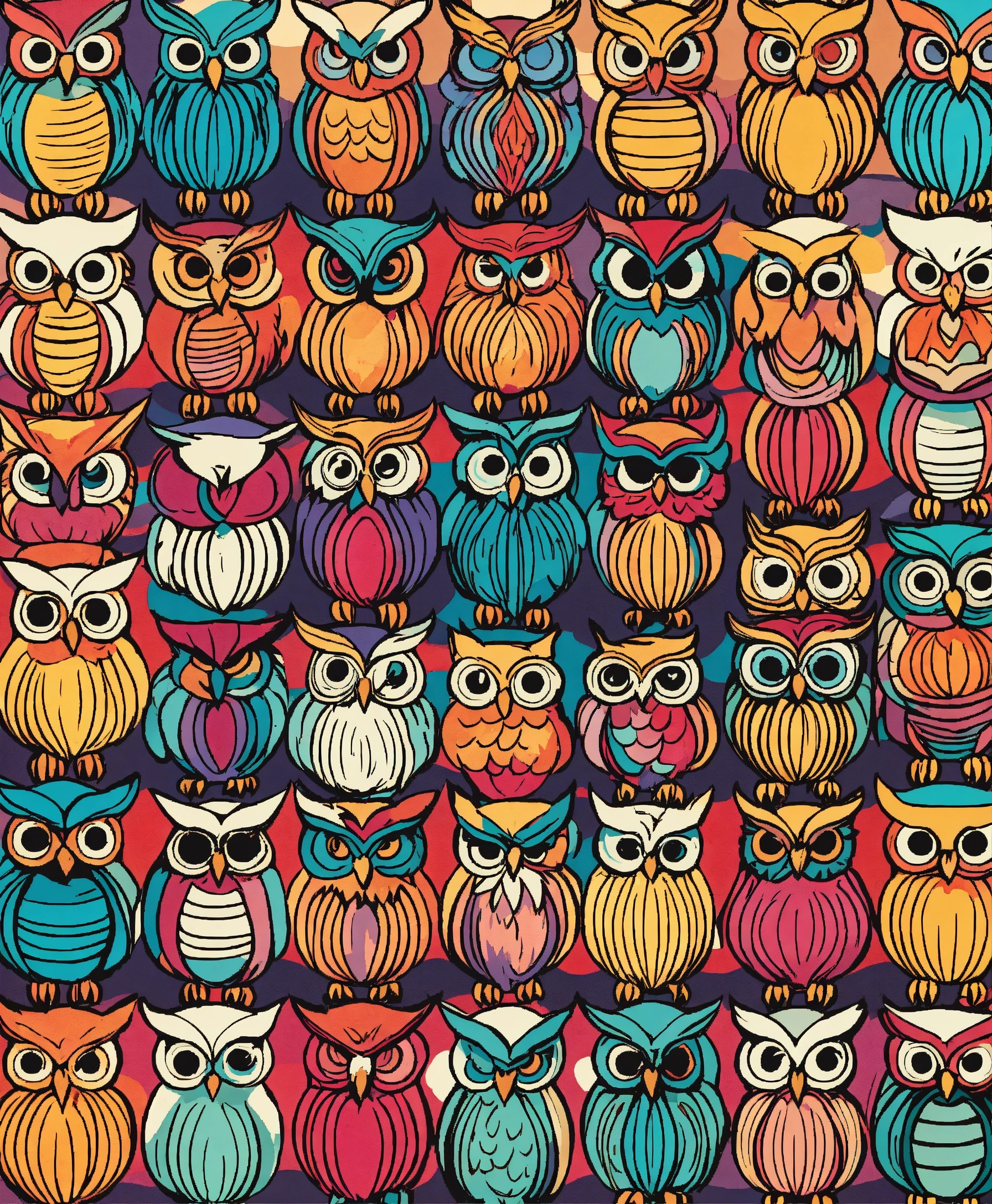 Lexica Lot of owls illustration art, diecut sticker, muted colorful