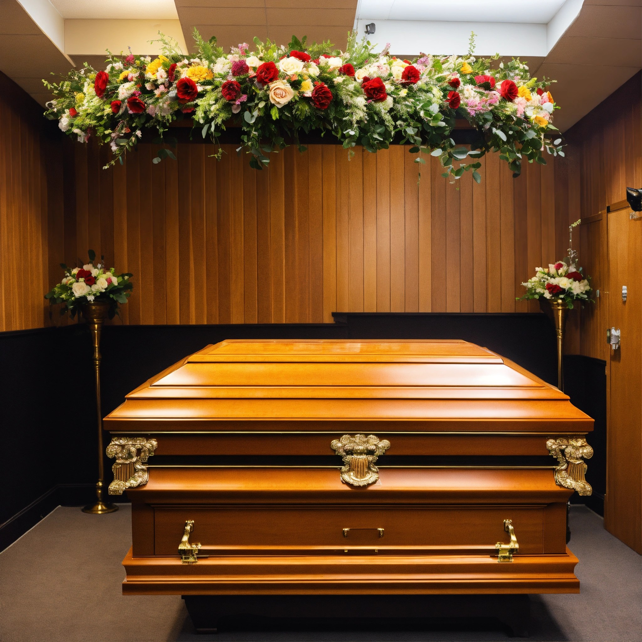 Lexica A photo of a casket in a funeral home. The casket is open and
