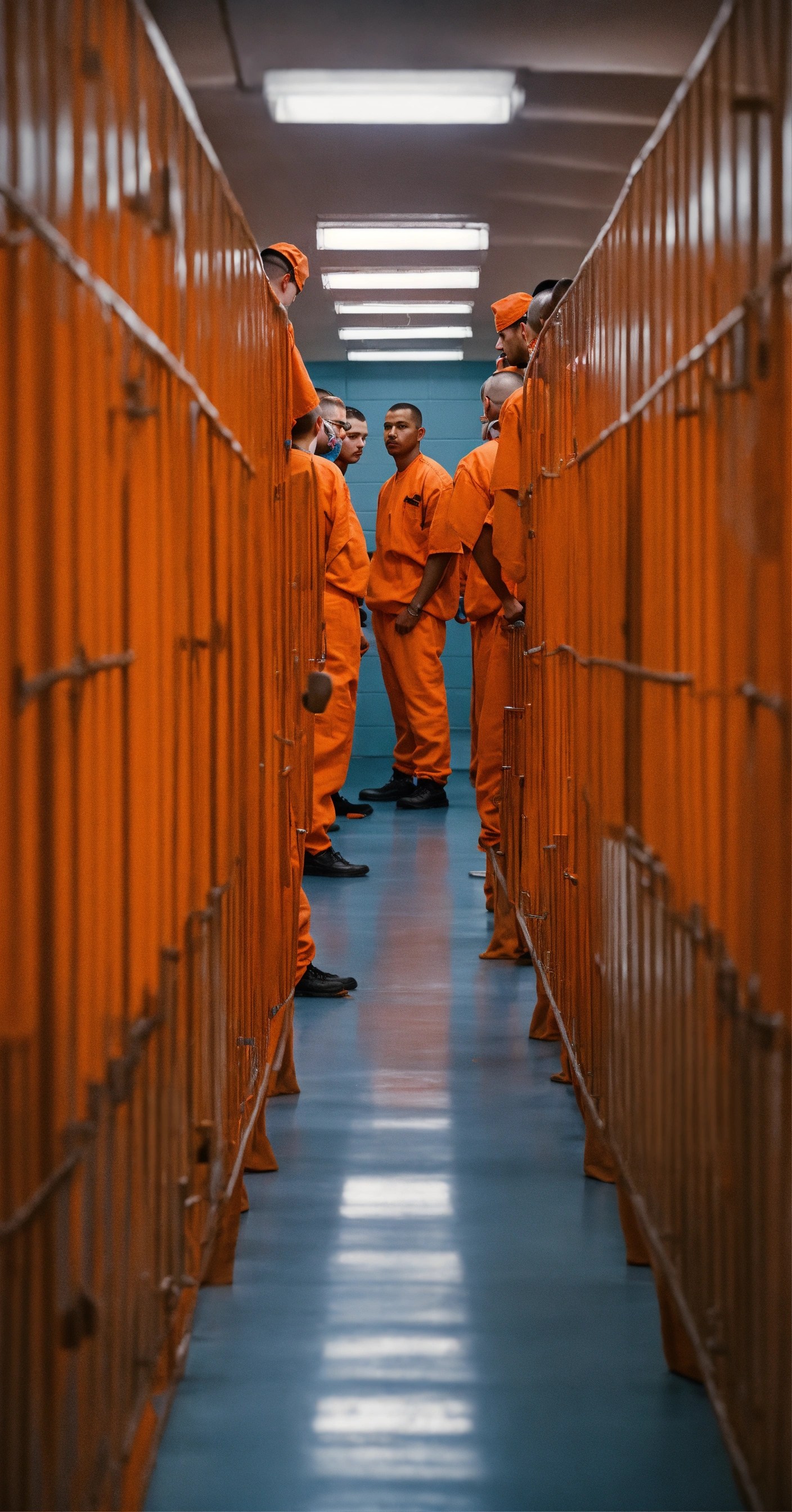 Lexica Prisoner group,dressed in orange prison garb,standing,everyone
