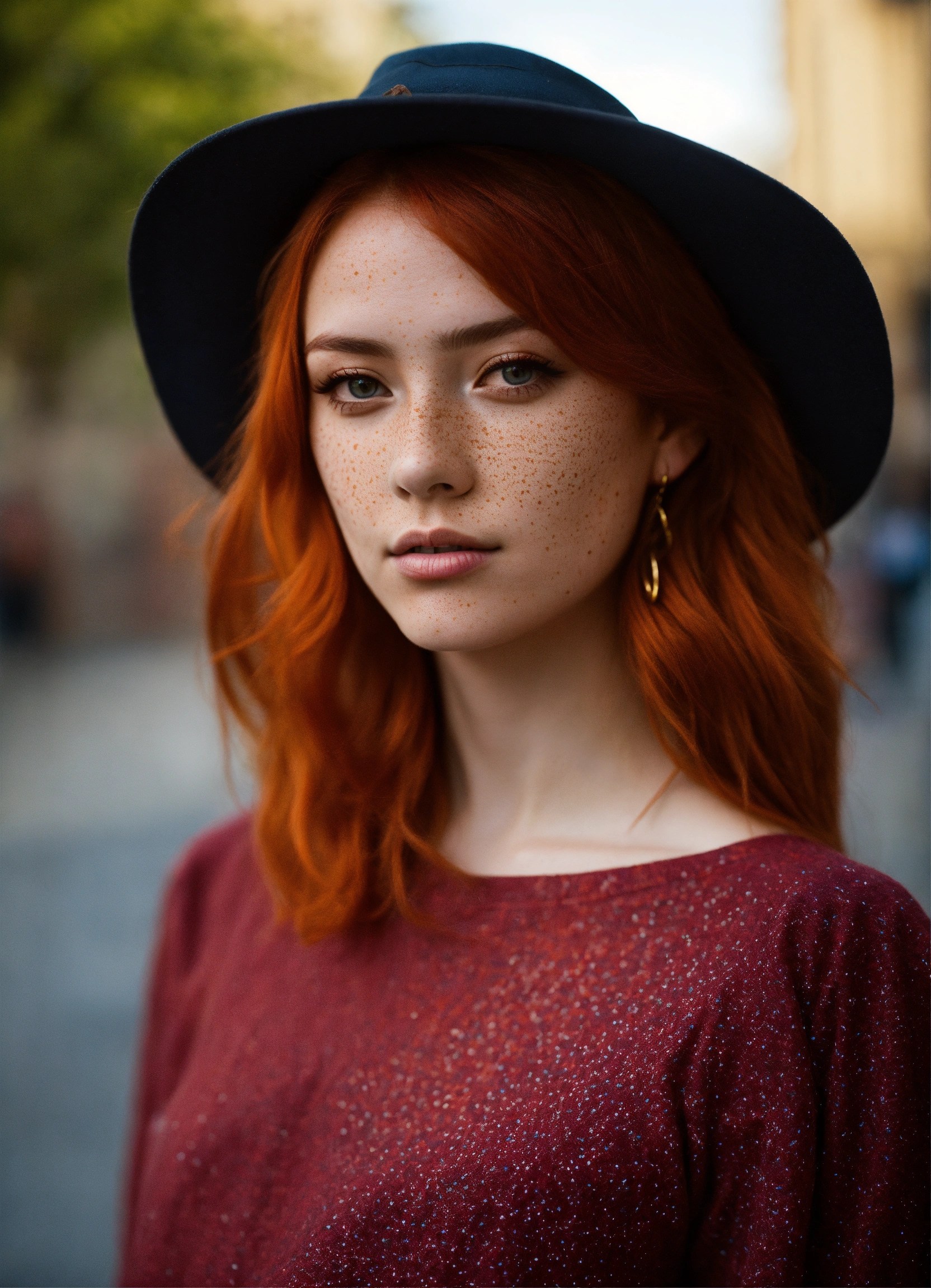 Lexica Fashion model, red hair, freckles, Street photography