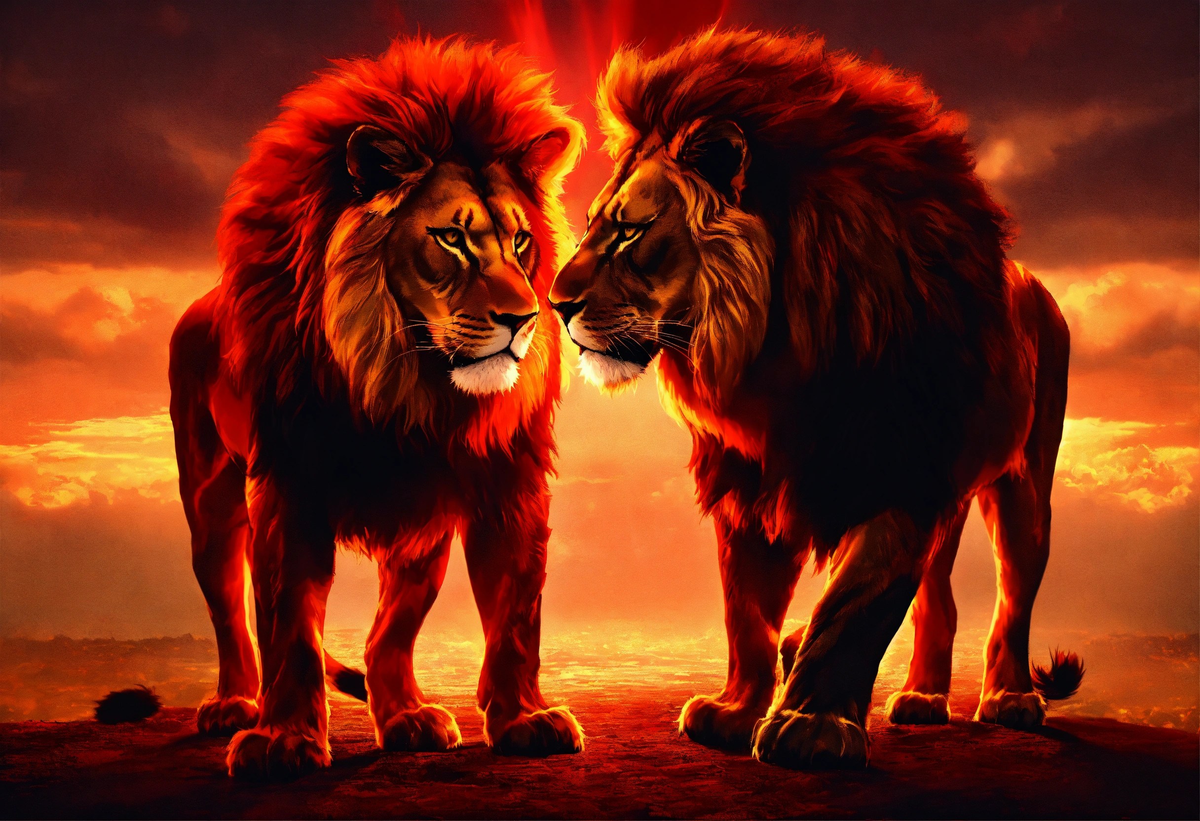 Lexica Two lions facing each other. one lion glowing rubyred. the