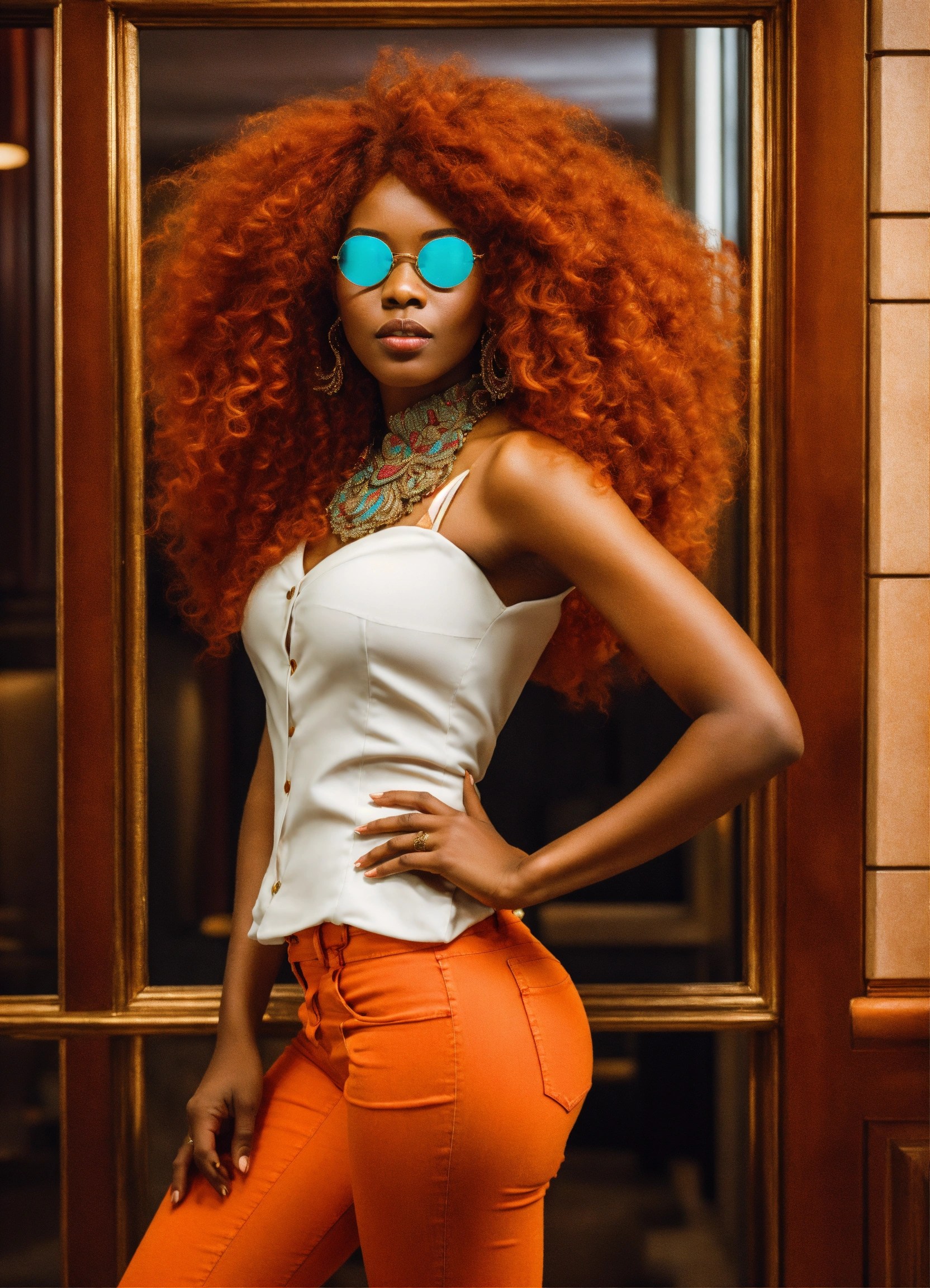 Lexica Pretty human looking alien with dark orange skin, huge reddish orange curly hair