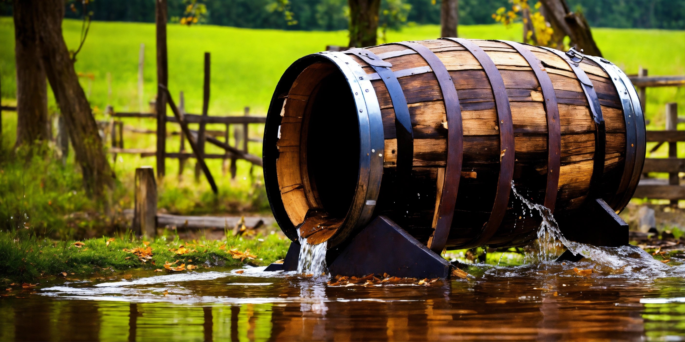 Lexica Broken Wooden barrel with a leaking water