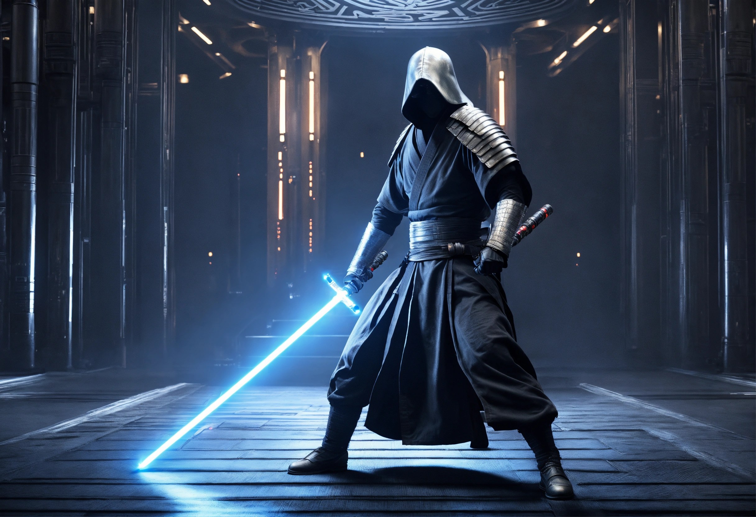 Lexica Ninja dual wielding lightsabers, glowing silver bladed