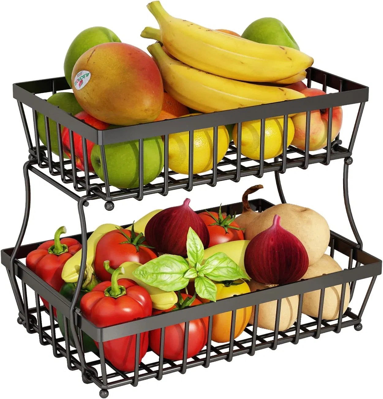 2 Tier Metal Kitchen Fruit Rack Countertop Fruit Vegetable Wire Basket Storage Rack Rectangle