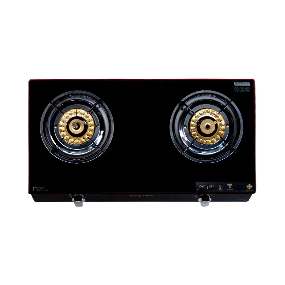 AG112SSC Double safety glass top gas cooker, 2 brass burners, black