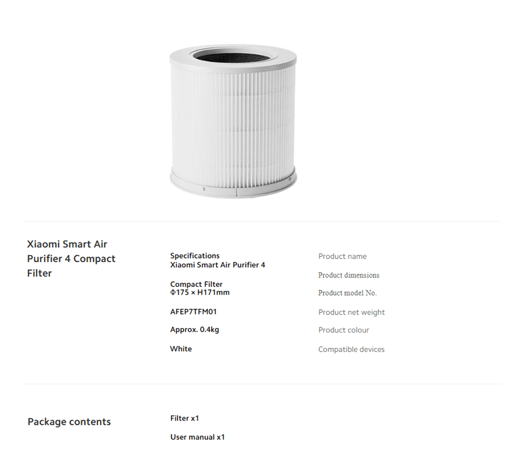Xiaomi Smart Air Purifier 4 Compact Filter dimi